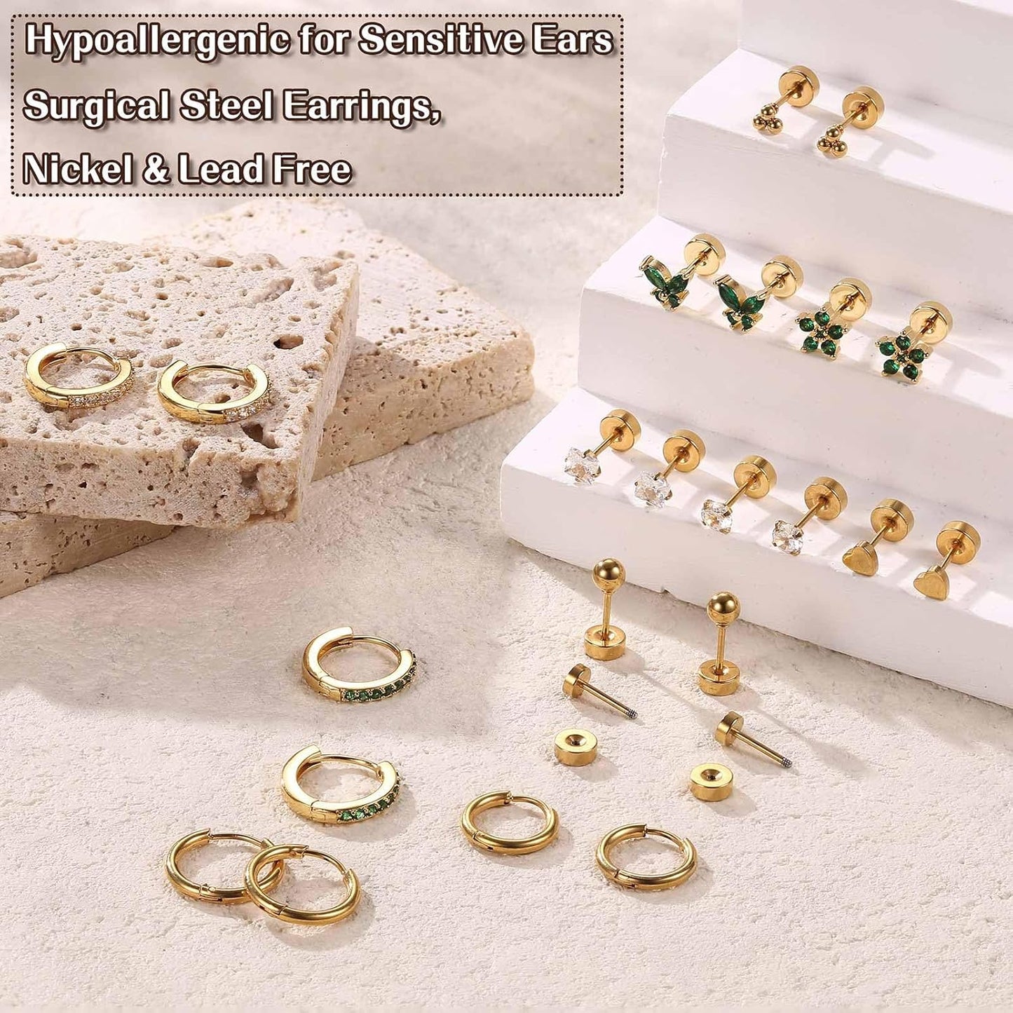 Jstyle Surgical Steel Earrings for Sensitive Ears 14K Gold Flat Back Earrings for Women Men Small Stainless Steel Earrings