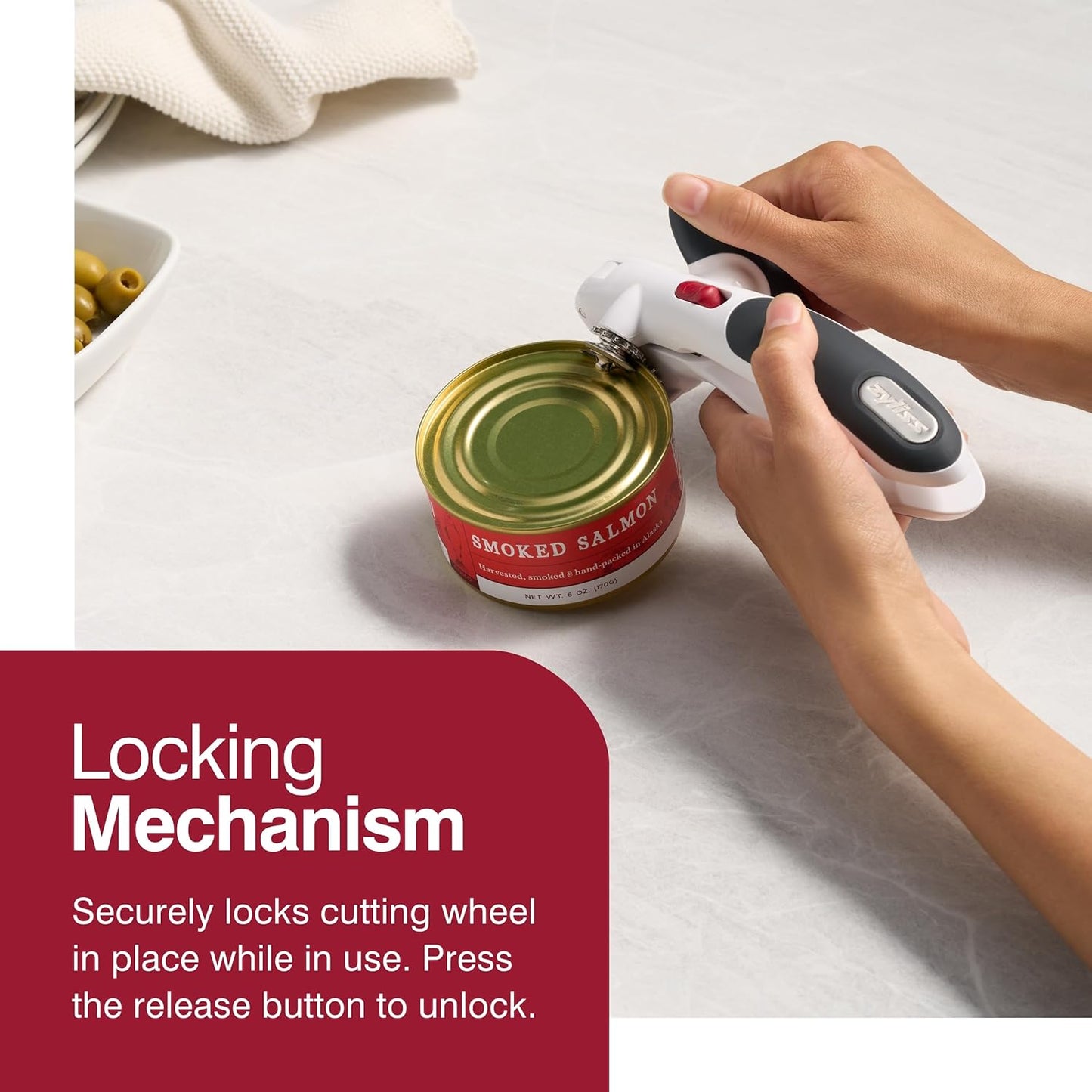 Manual Opener with Locking Mechanism - Easy-to-Turn - Magnetic Can Opener