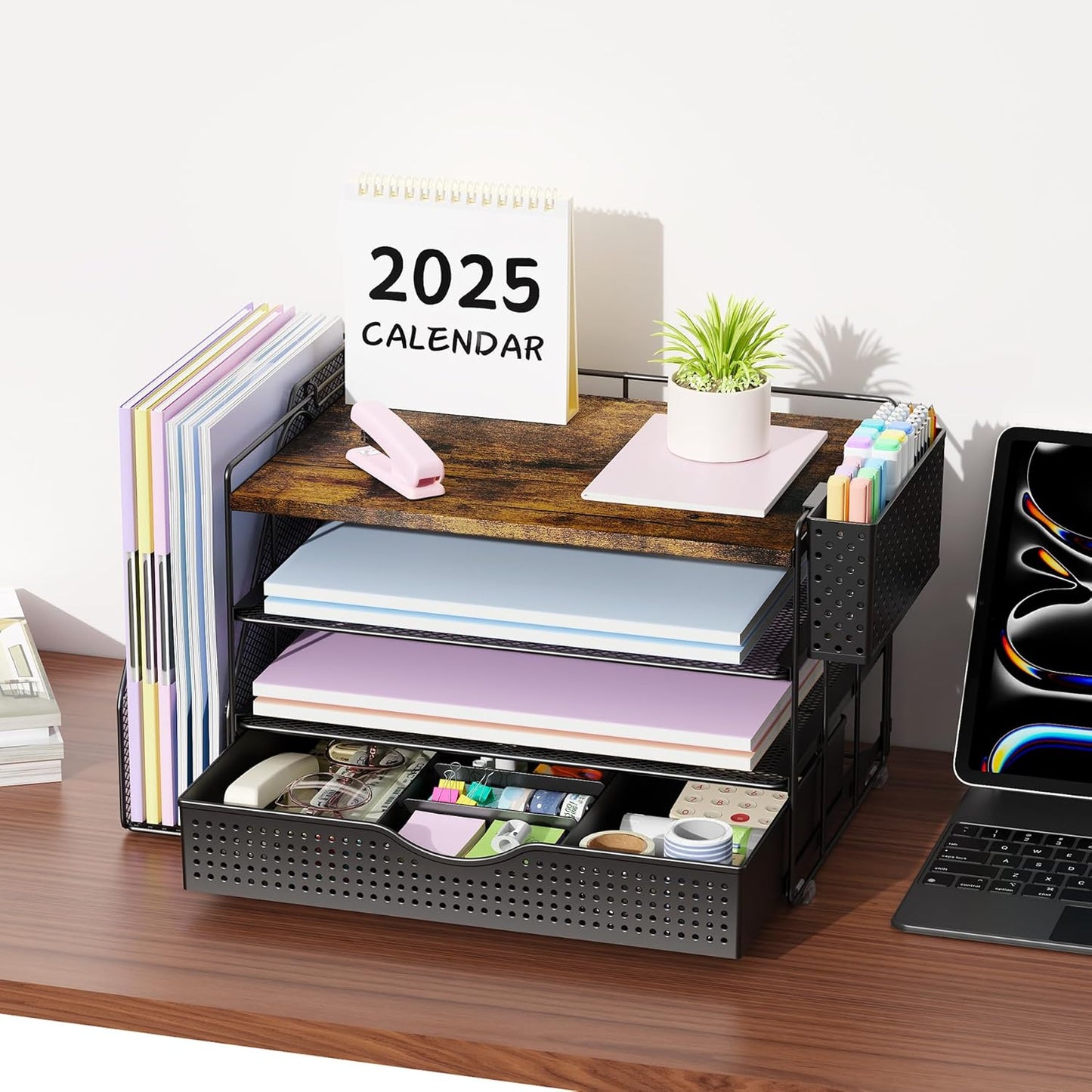 OMOMMD Wood Desk Organizers and Accessories with File Holder, 4-Tier Desk Accessories & Workspace Organizers with Drawer and Pen Holder, Paper Organizer for Office Supplies (Wood)