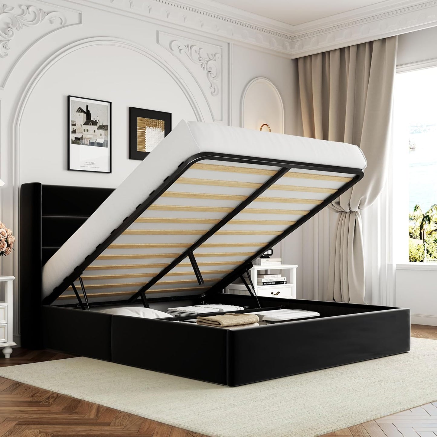 Queen Size Lift Up Storage Bed, Modern Wingback Headboard, Hydraulic Support, No Box Spring Needed