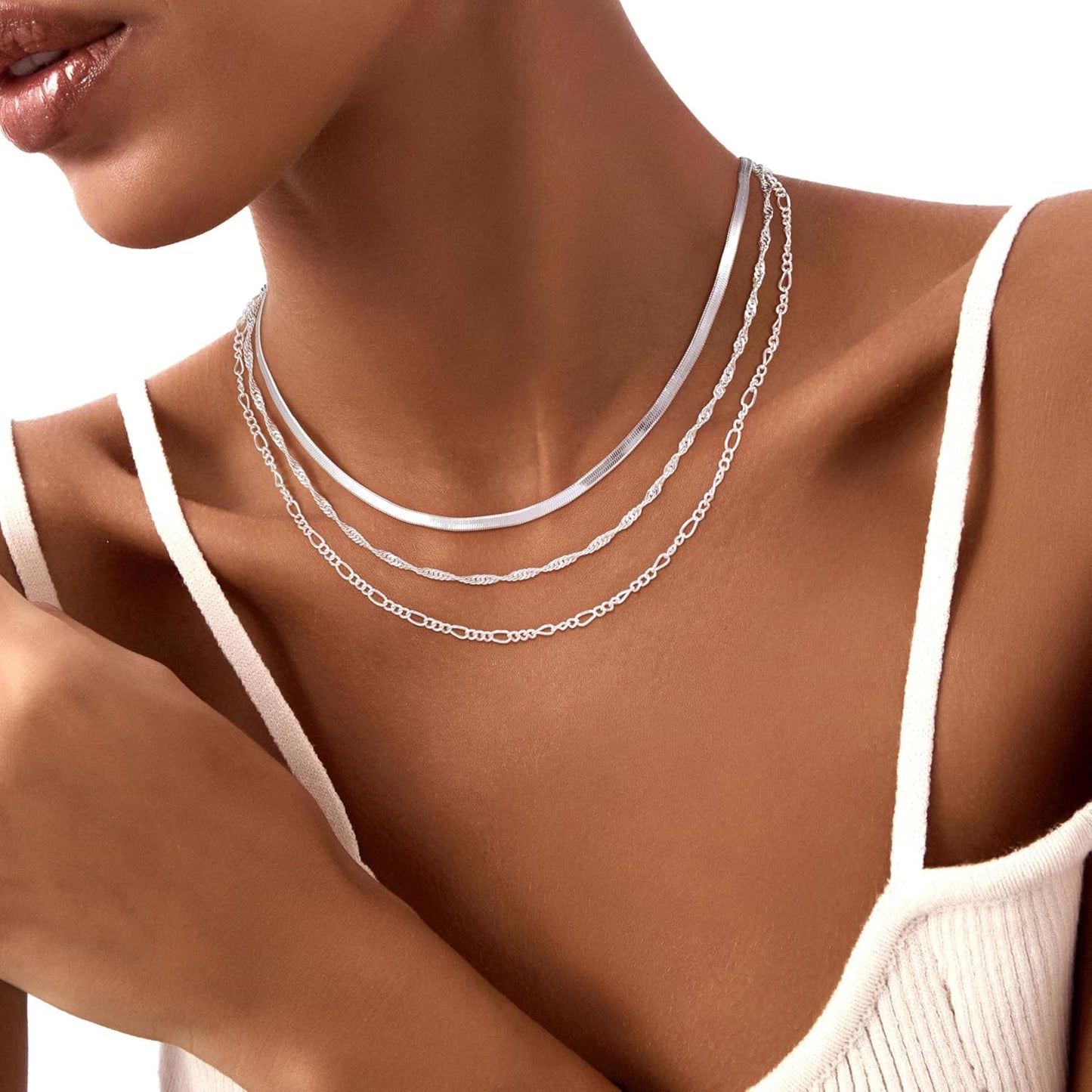 "DAINTY GOLD/SILVER LAYERED NECKLACES FOR WOMEN - 14K GOLD/STERLING SILVER PLATED PAPERCLIP CUBAN ROPE CHAIN, HYPOALLERGENIC NON-TARNISH JEWELRY GIFT"