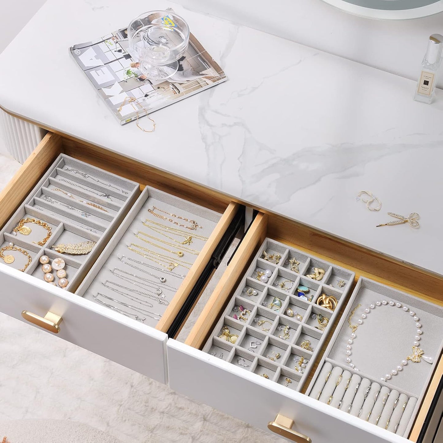 Stackable Jewelry Organizer Trays for Drawers, Storage for Earring Necklace Rings Bracelet with