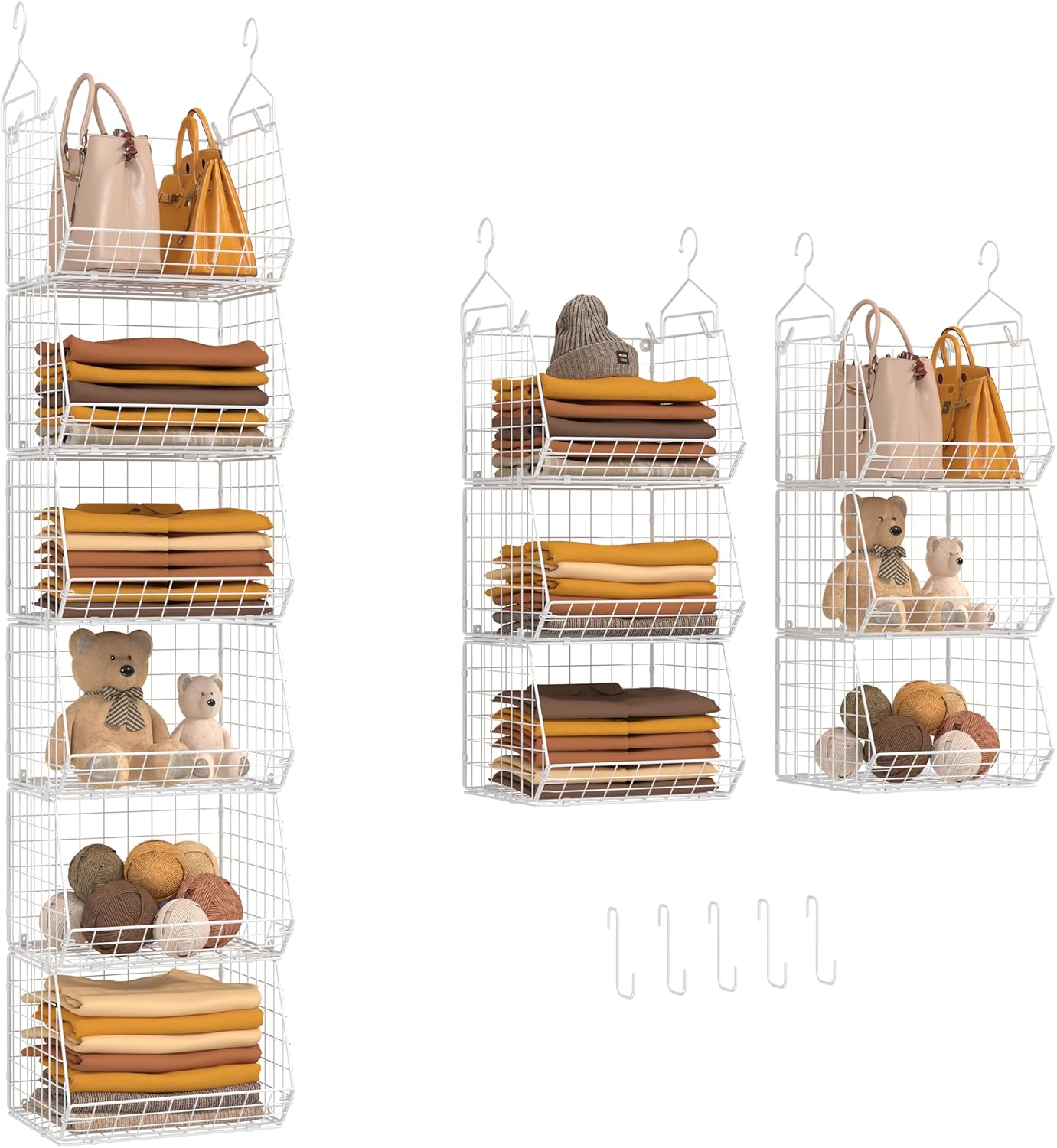 6 Tier Closet Hanging Organizer, Clothes Hanging Shelves with 4 Hanging Hooks 5 S Hooks