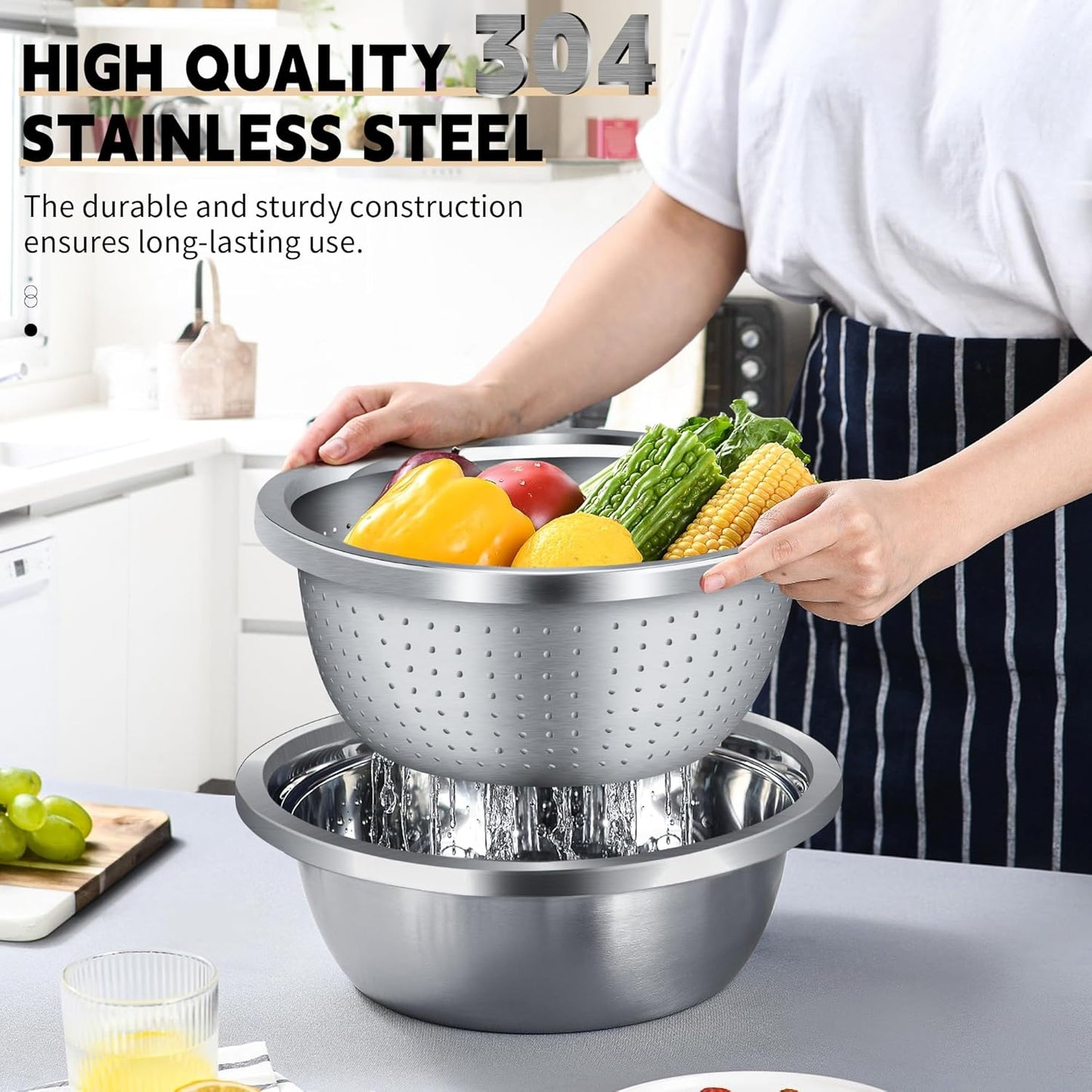 Colander 304 Stainless Steel 3-quart with Mixing Bowls, Dishwasher Safe. (2PC)