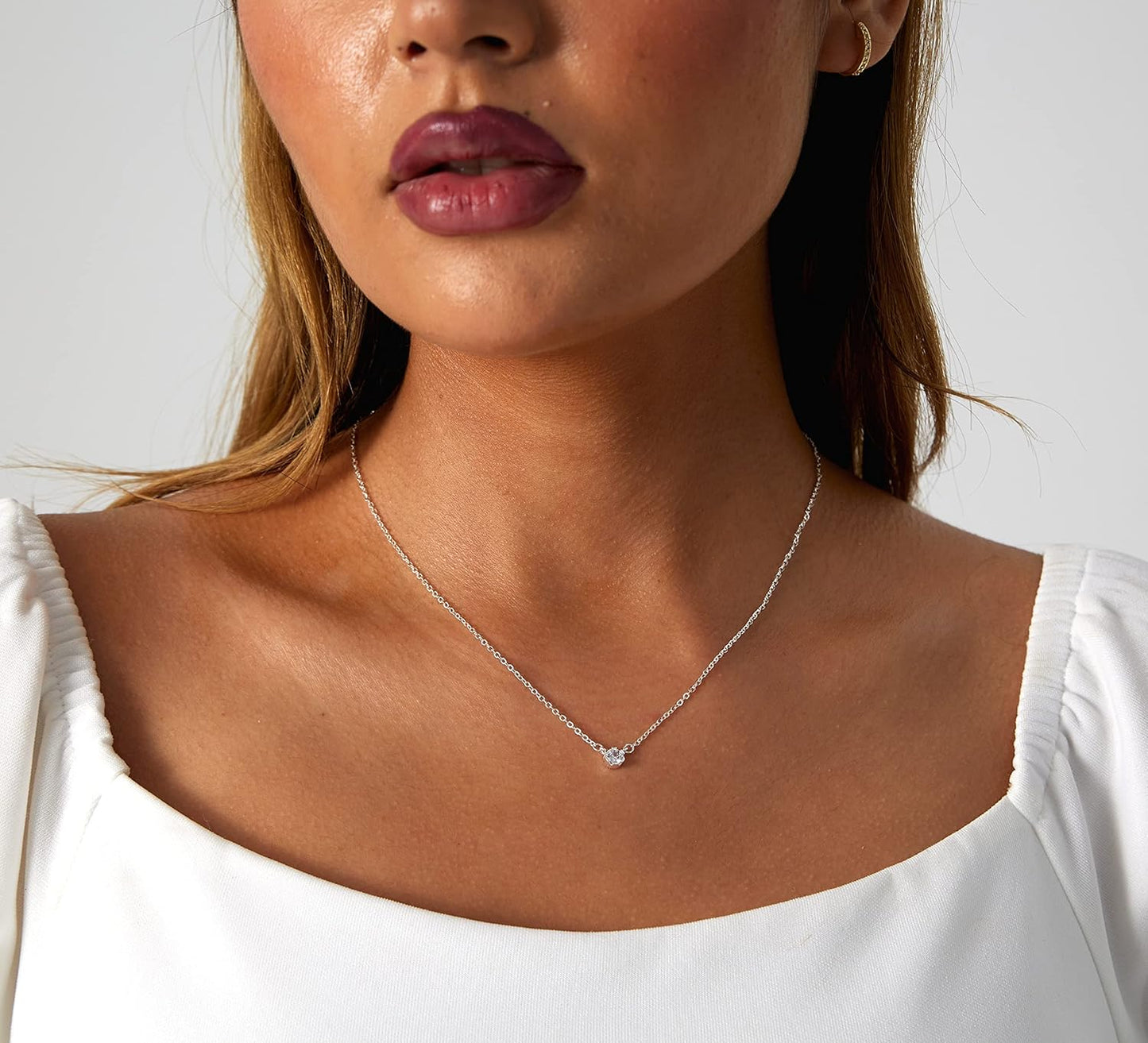 14K Gold Plated Solitaire Pendant Necklace - Round CZ Diamond Choker for Women