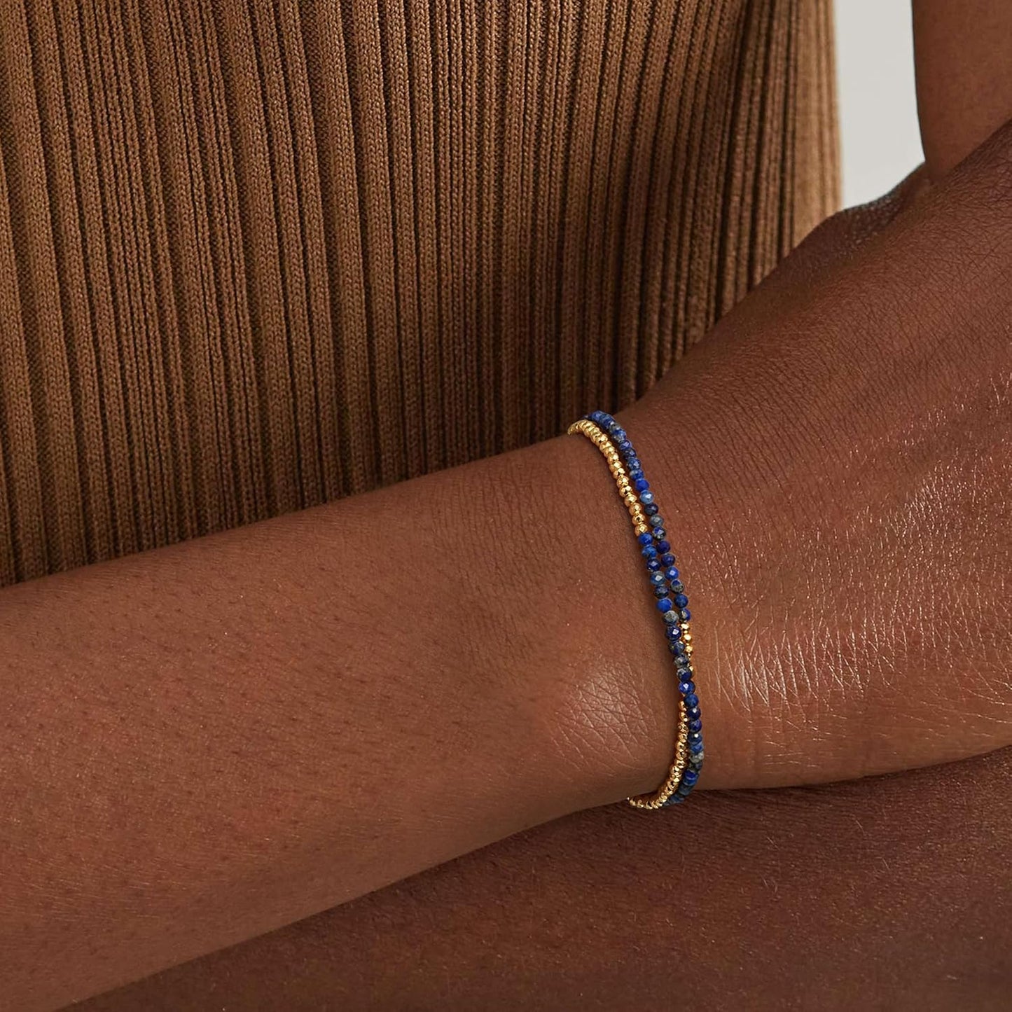 Women Beaded Bracelet Gold Double Layer Gemstone 14K Simple Dainty Handmade Chain Everyday Boho Beach Jewelry