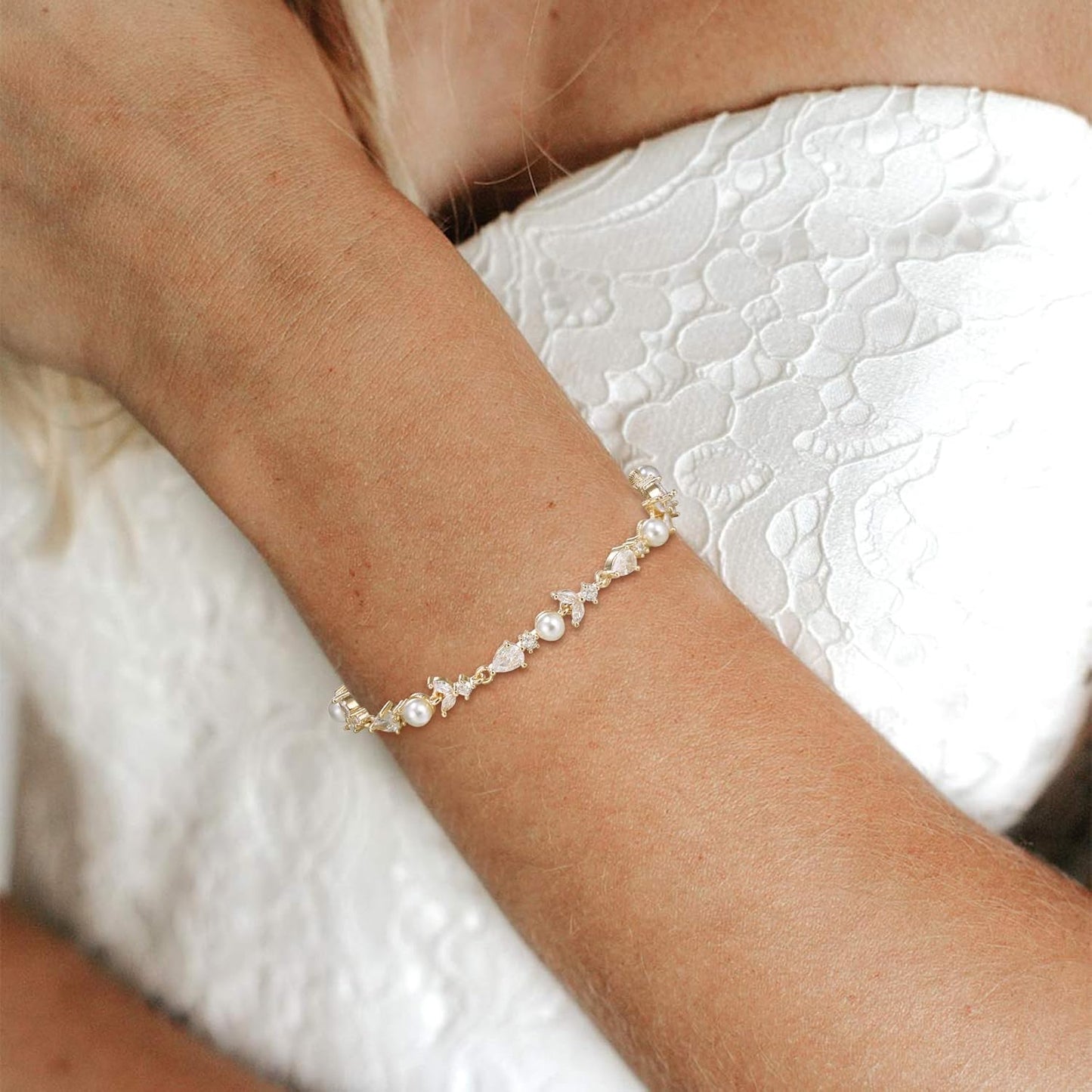 Crysdue Wedding Bridal Link Bracelet for Brides Bridesmaids, Marquise Cubic Zirconia Tennis Bracelets for Women Prom Jewelry