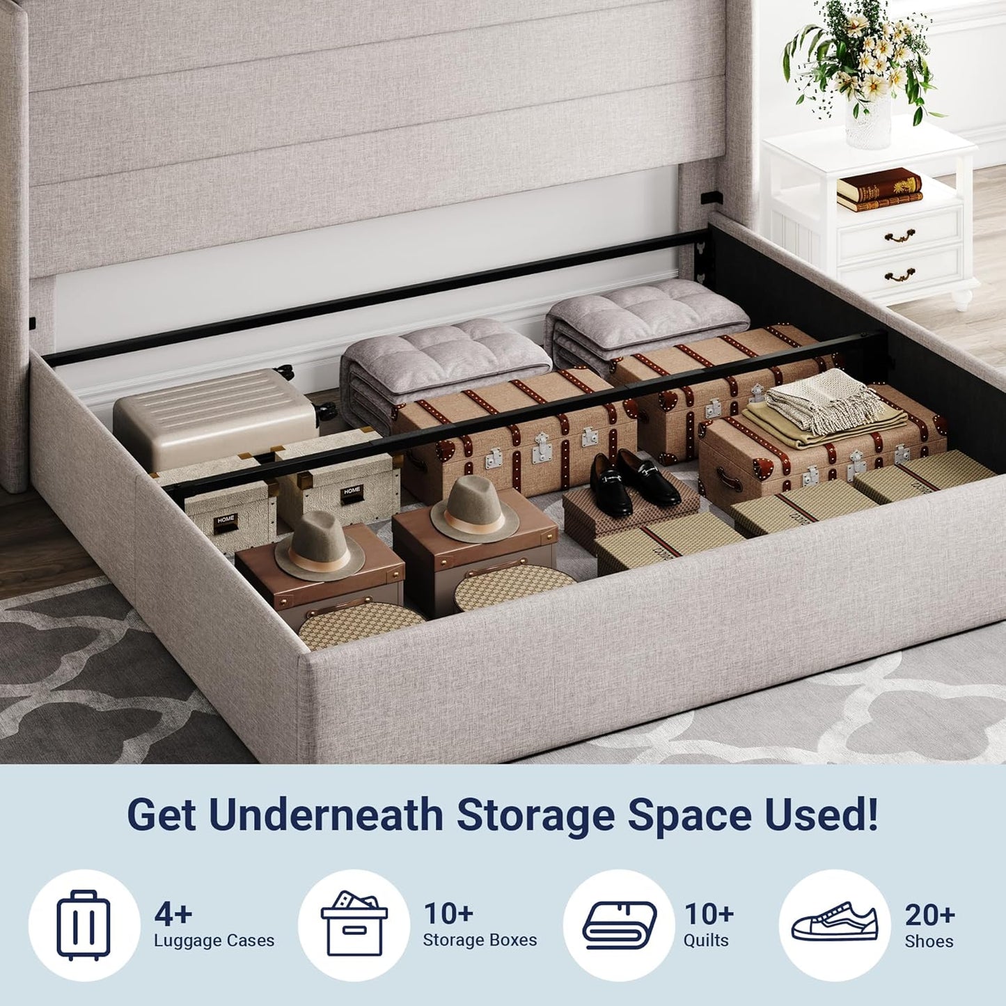 King Size Lift Up Storage Bed, Modern Wingback Headboard, Hydraulic Support, No Box Spring Needed