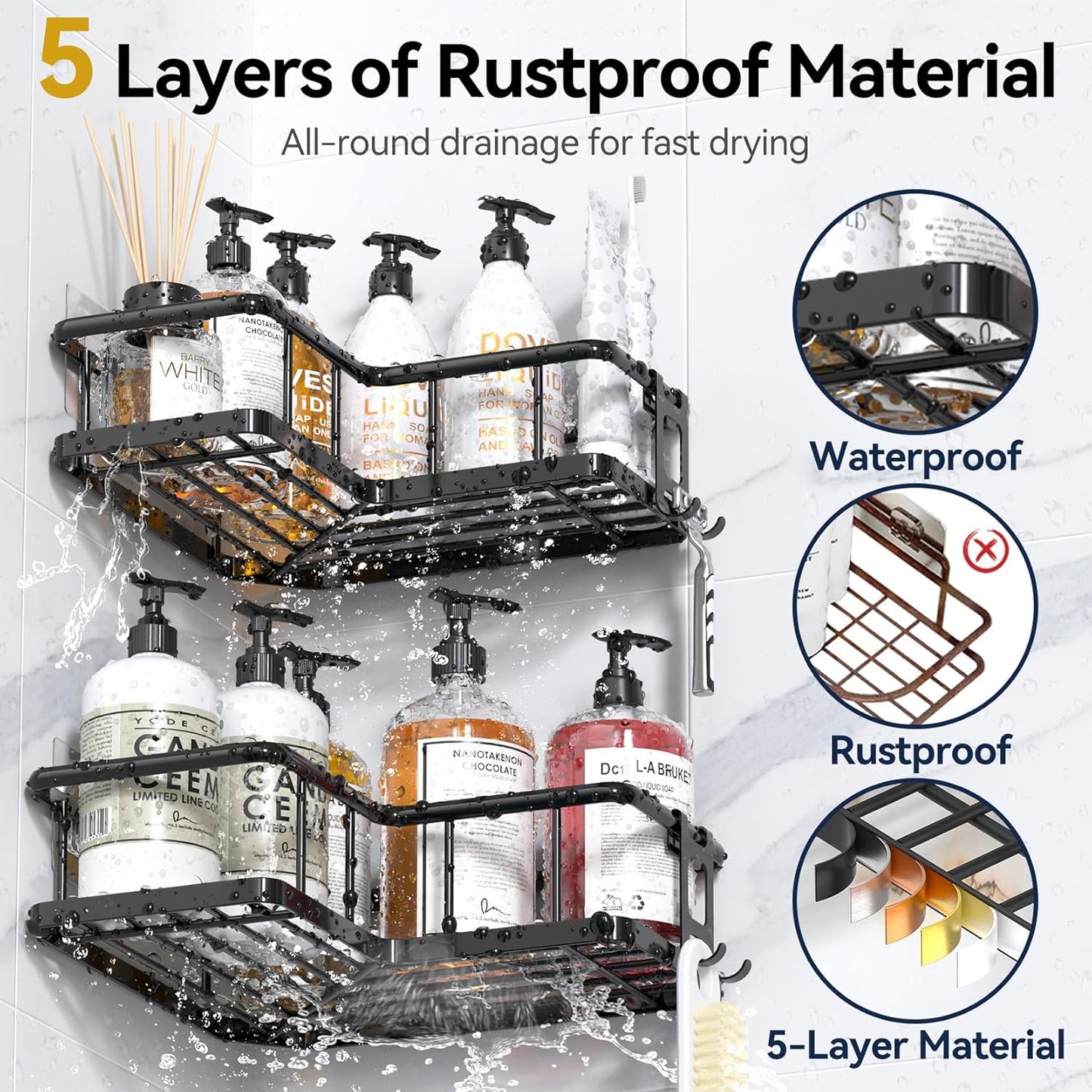Shower Caddy Corner, 3-Pack Adhesive Rustproof Stainless Steel Shower Shelves, No Drilling