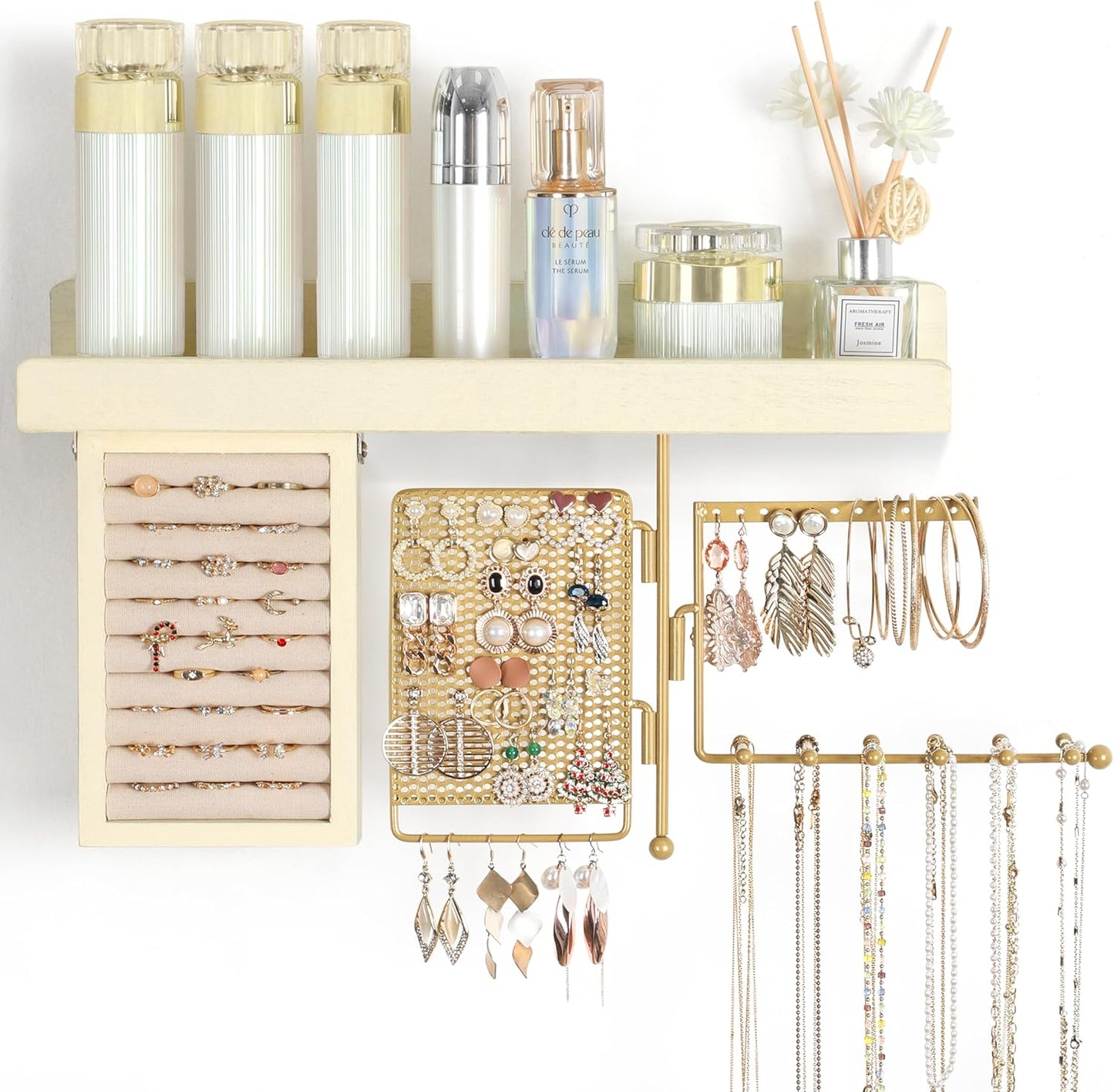 Hanging Jewelry Organizer Wall Mount with Rustic Wood Shelf, Ring Display Box, Rotating Necklace Holder Organizer