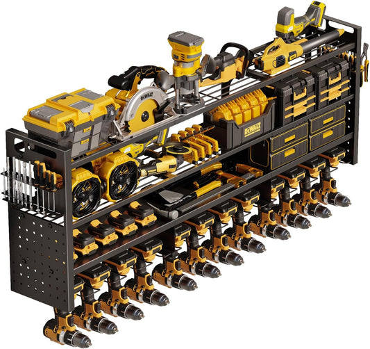 Large 49''W Power Tool Organizer Wall Mount |  Storage Rack with 12 Cordless Drill Holder | 4-Tier