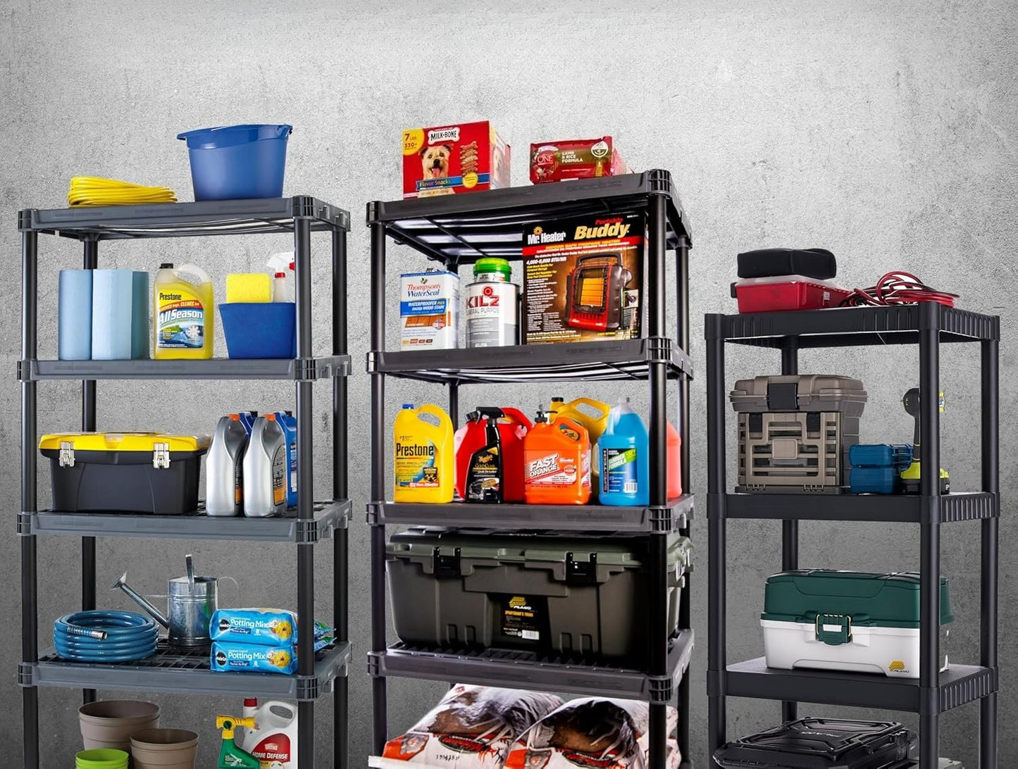 4-Shelf Plastic Storage Shelves, 48” x 23” x 14”,   Easy to Assemble, Durable Plastic Shelving Unit