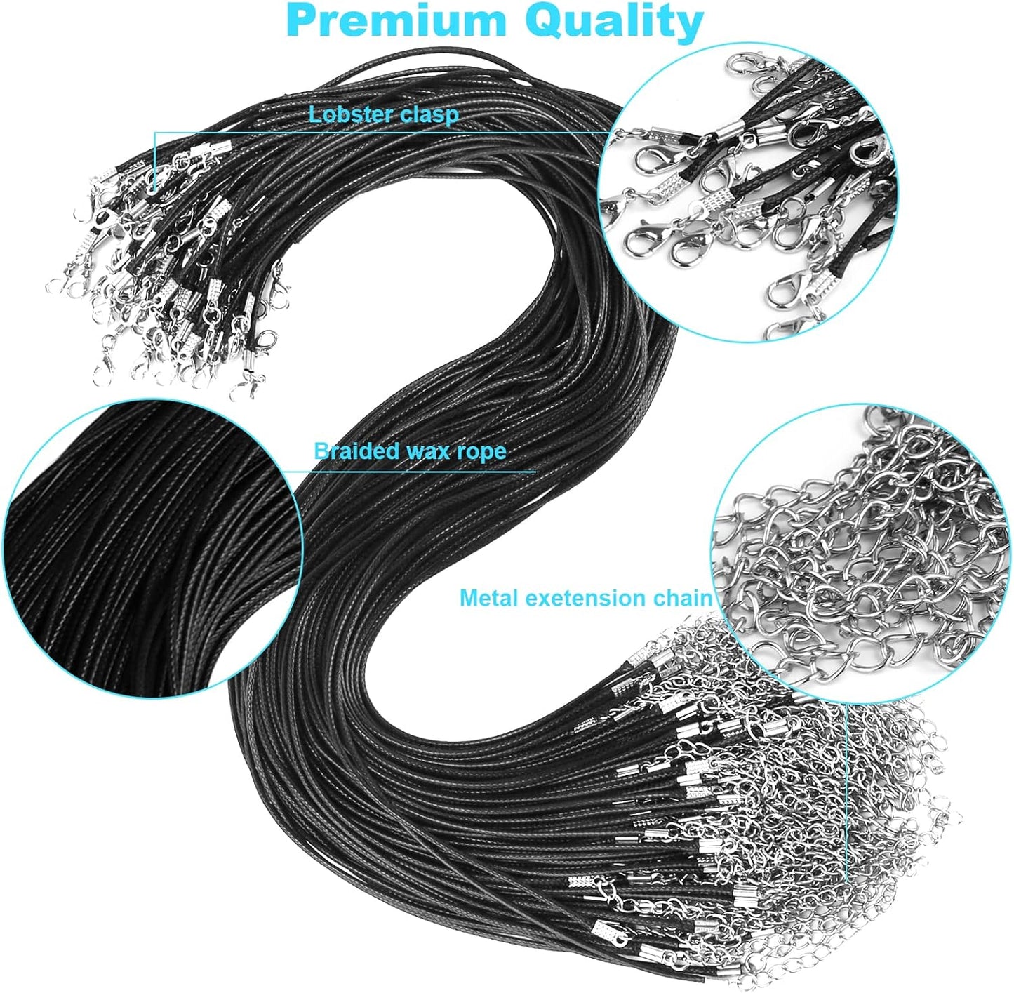 "100Pcs Premium Leather Necklace Chains, 1.5mm Waxed Rope Cord with Clasps for Jewelry Making, Bulk Pendant String Black 18", DIY Craft Supplies,