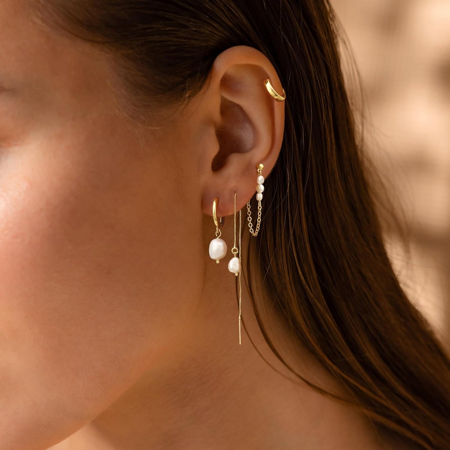 Pearl Dangle Hoop Earrings for Women - Dainty14K Gold Plated Small Drop Chain Hoops Trendy Earring Sets for