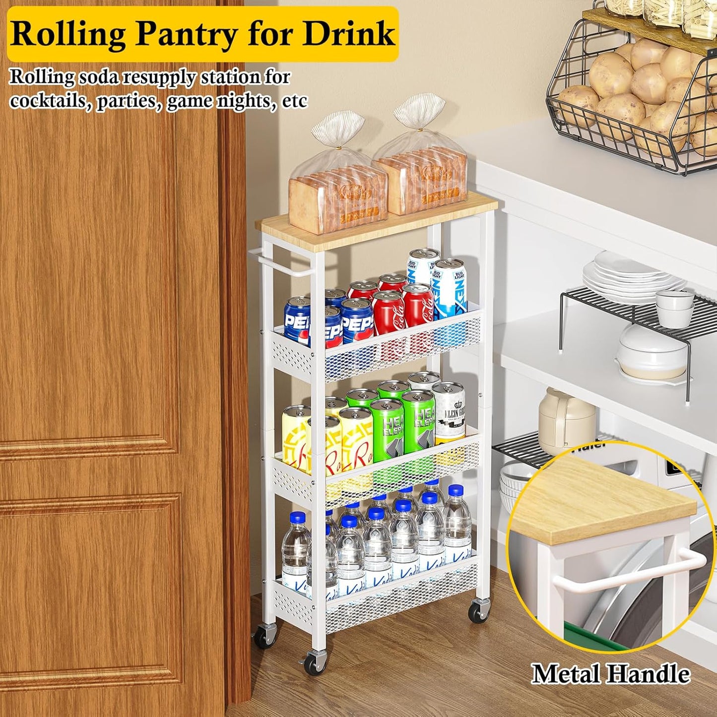 Utility Slim Storage Cart, 4 Tier Small Rolling  Cart with Wood Top, Metal Narrow Bathroom