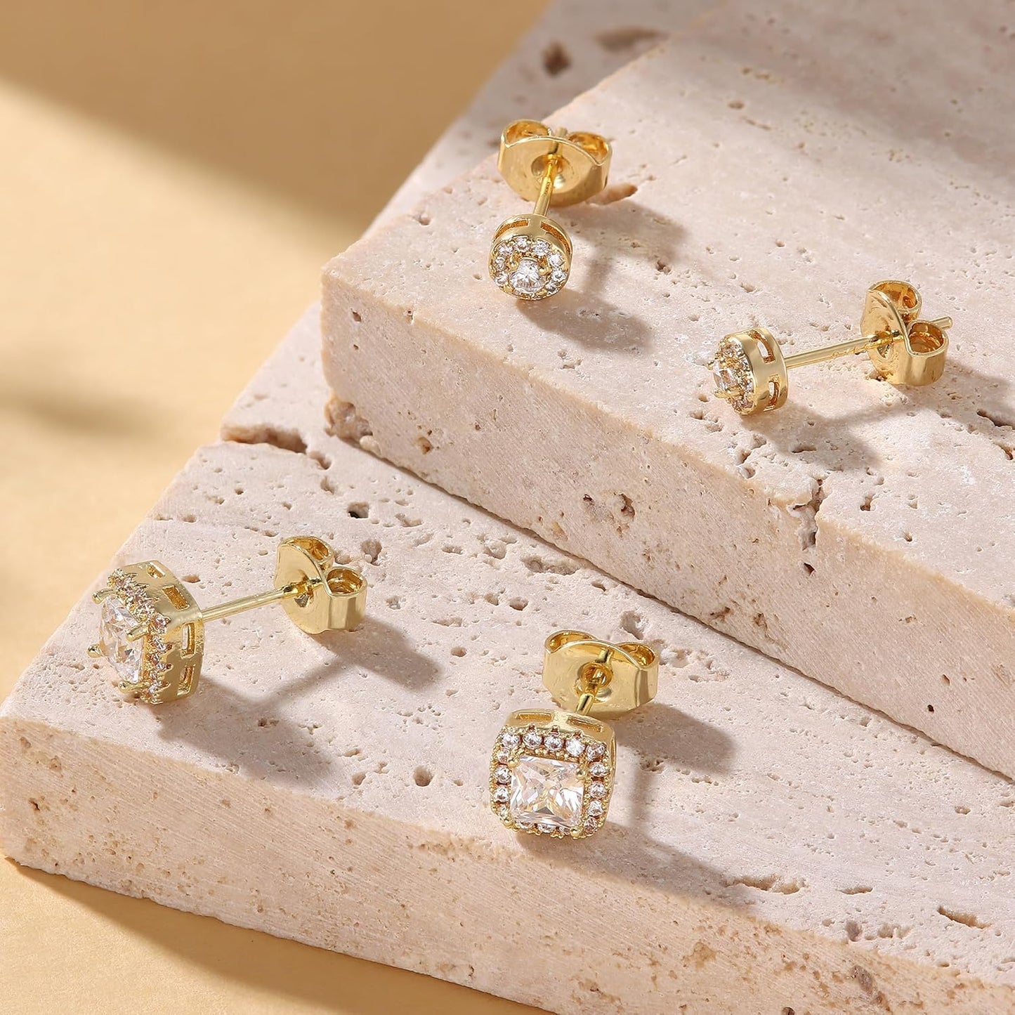 Hayoso 18K Gold Plated Halo Stud Earrings 925 Sterling Silver Cubic Zirconia Stud Earrings Round Square Diamonique Stud