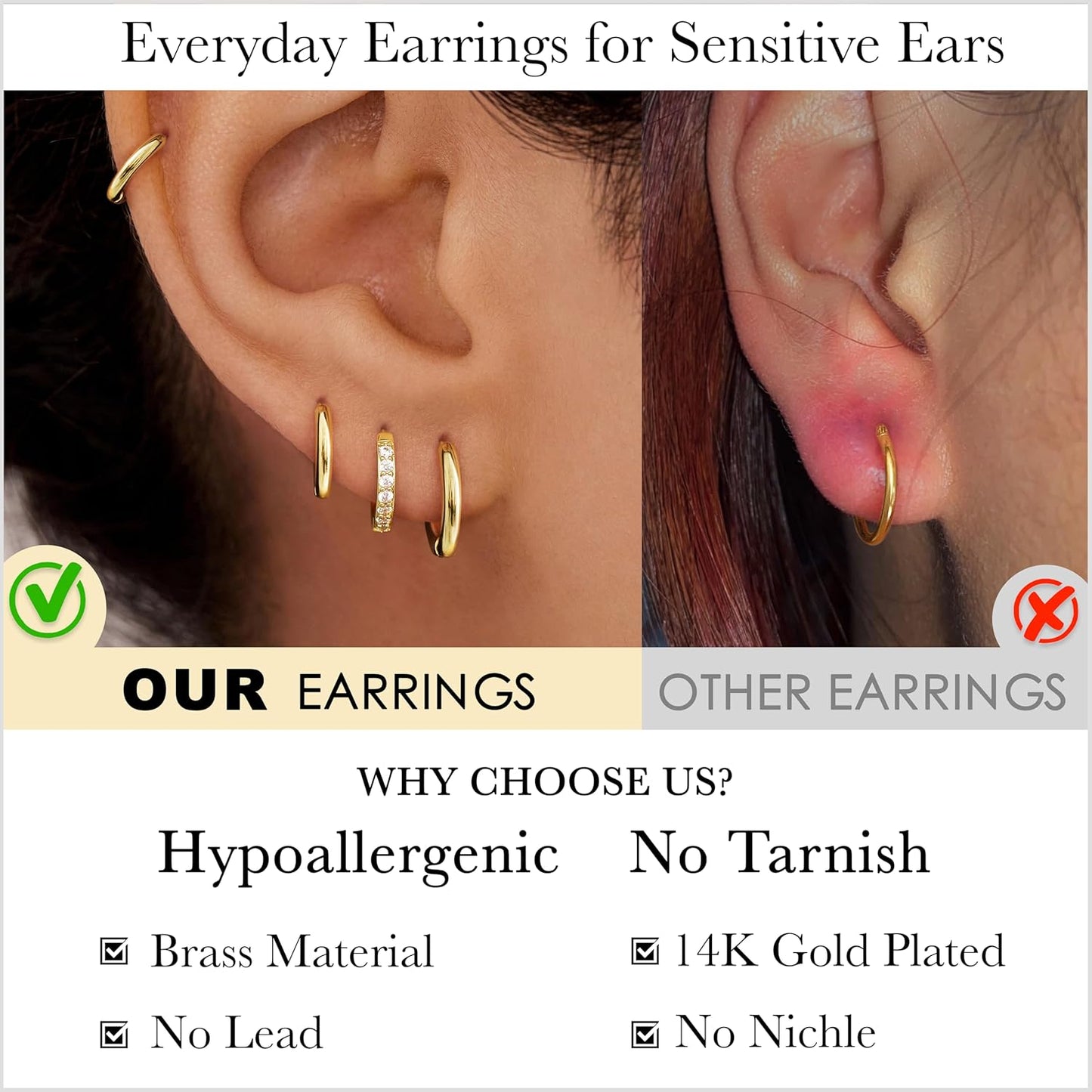 Small Gold Huggie Hoop Earrings Set for Women Men Hypoallergenic 14K Plated Stack Cartilage Earrings, Multiple Piercing