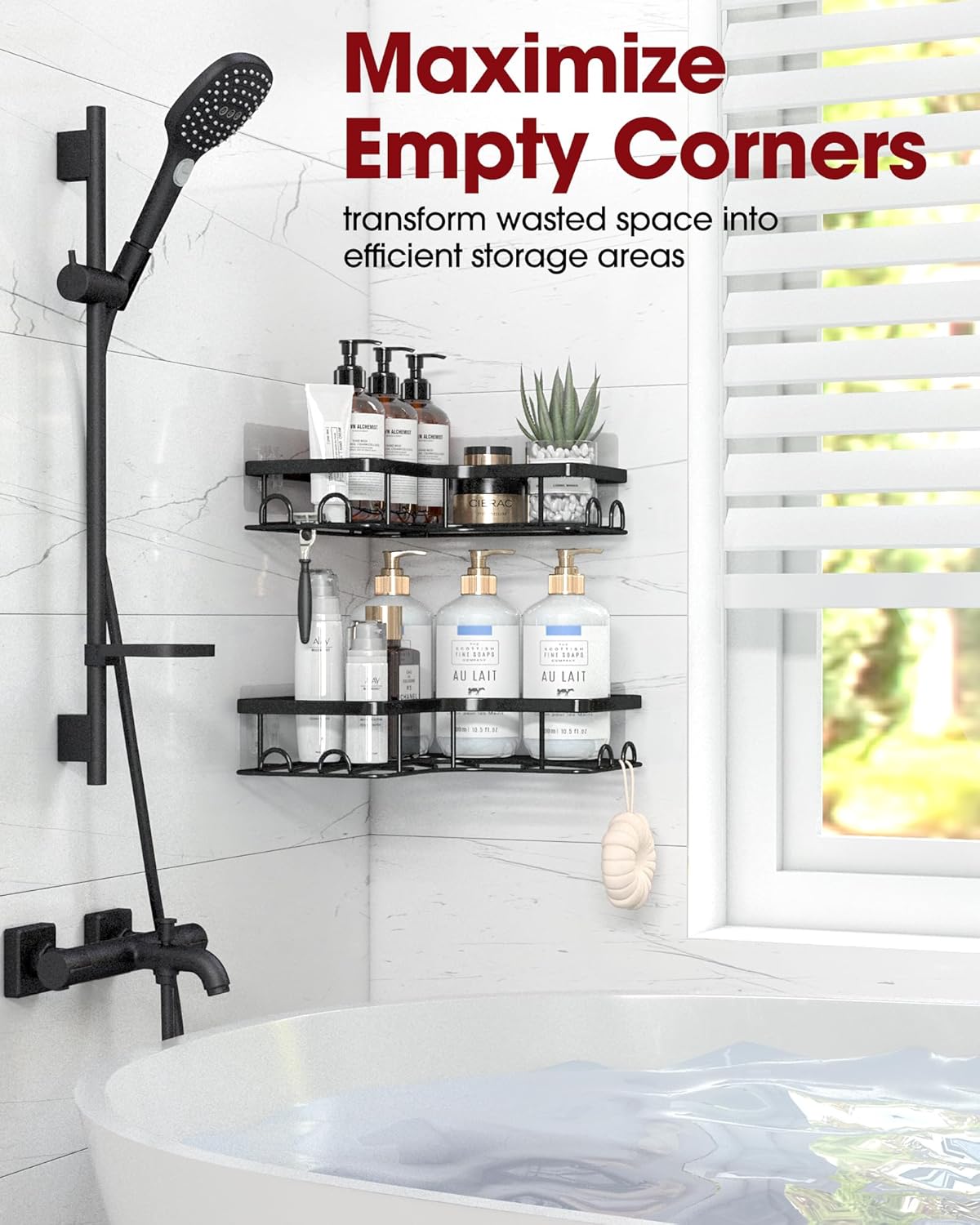 Corner Shower Caddy - 2 Pack, Adhesive Shower Organizers,  with 8 Hooks, No Drilling