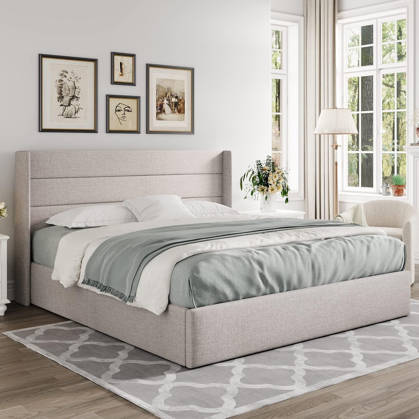 King Size Lift Up Storage Bed, Modern Wingback Headboard, Hydraulic Support, No Box Spring Needed