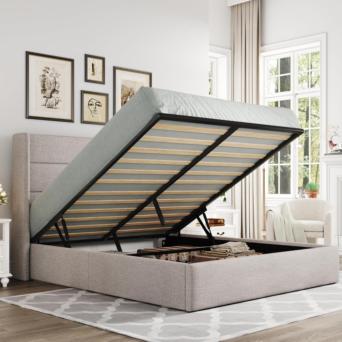 Queen Size Lift Up Storage Bed, Modern Wingback Headboard, Hydraulic Support, No Box Spring Needed