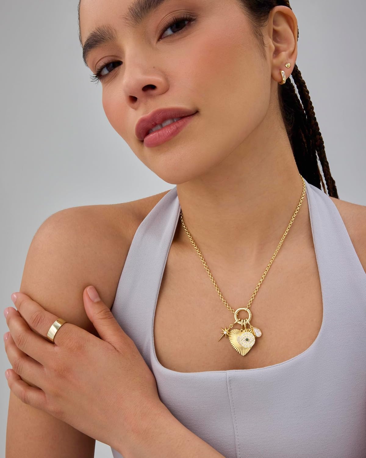 14K Gold Plated Heart Charm Necklace - Cluster Pendant with CZ Accents for Women
