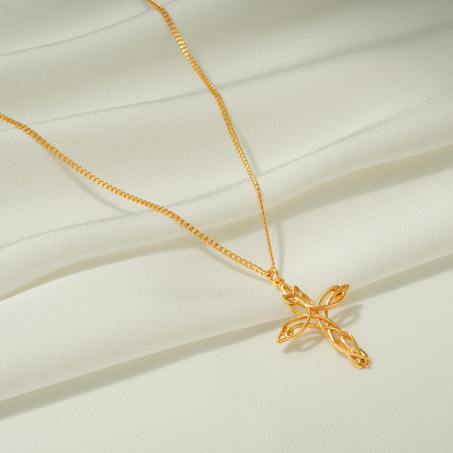 Gold Iris Cross Necklace – 14K Plated CZ Pendant for Women
