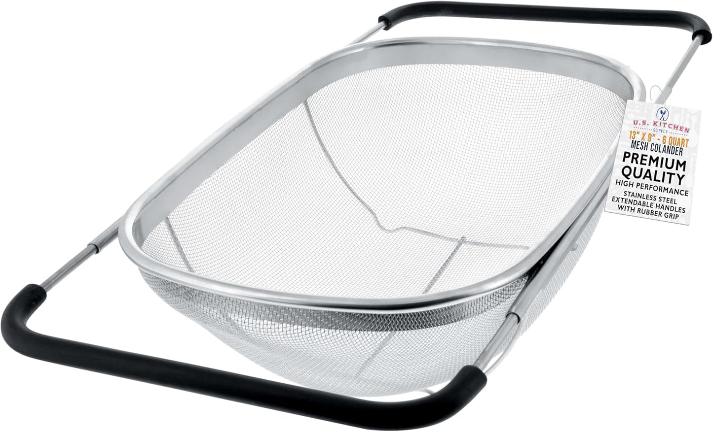 Colander with Expandable Rubber Handles - Rectangular Sieve, Fine Mesh Stainless Steel Strainers and Colanders for Kitchen