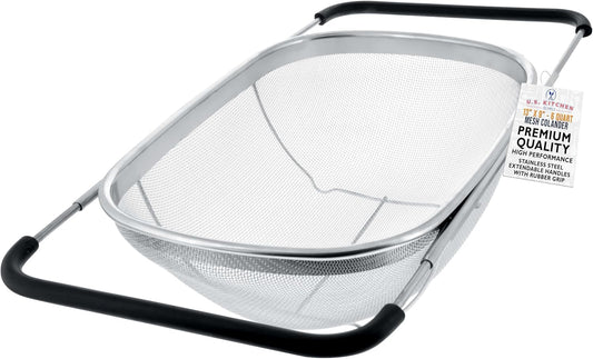 Colander with Expandable Rubber Handles - Rectangular Sieve, Fine Mesh Stainless Steel Strainers and Colanders for Kitchen