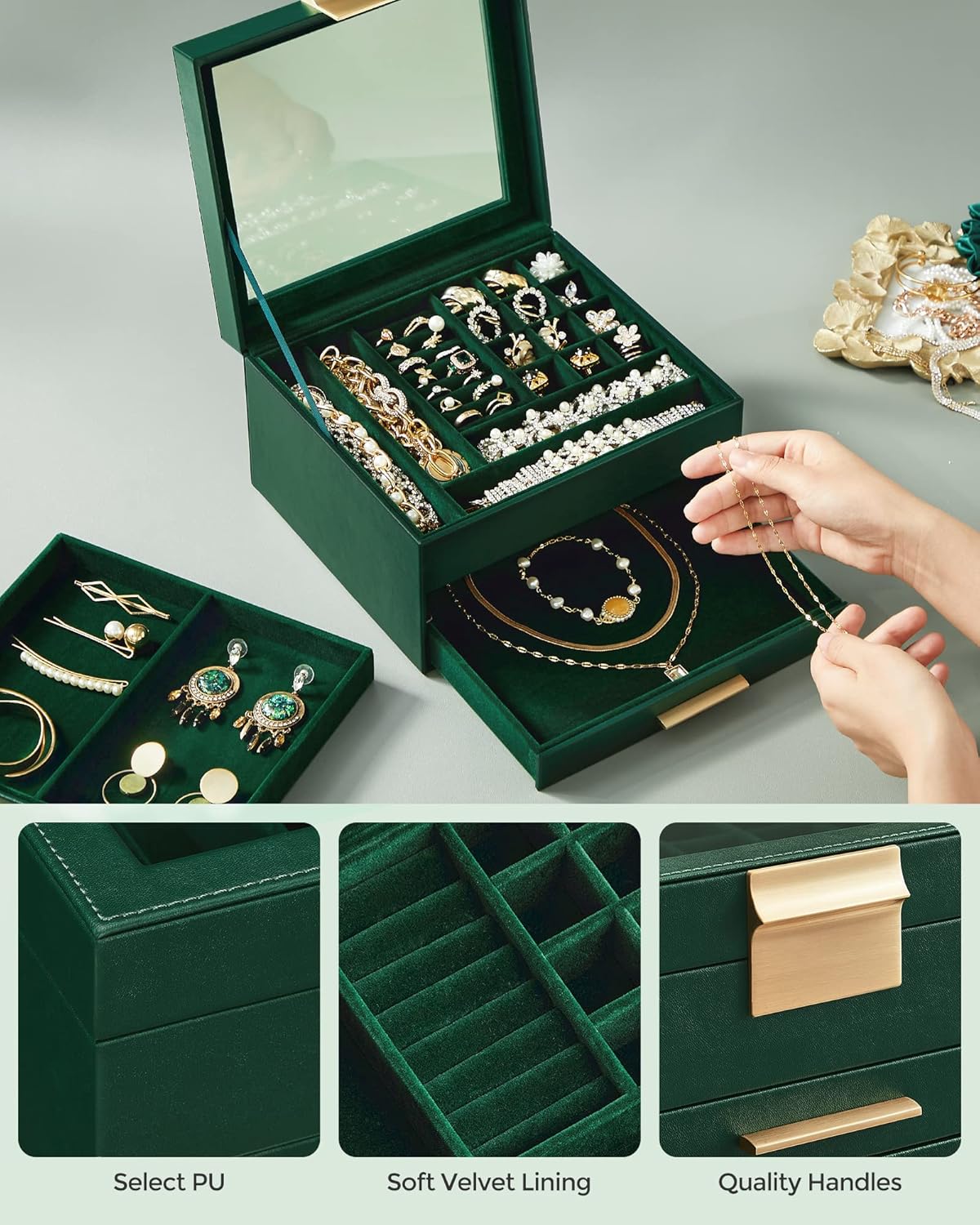 Jewelry Box Organizer with Glass Lid, 3-Layer Jewelry Storage, with 2 Drawers, Modern Style, Forest Green and Gold Color