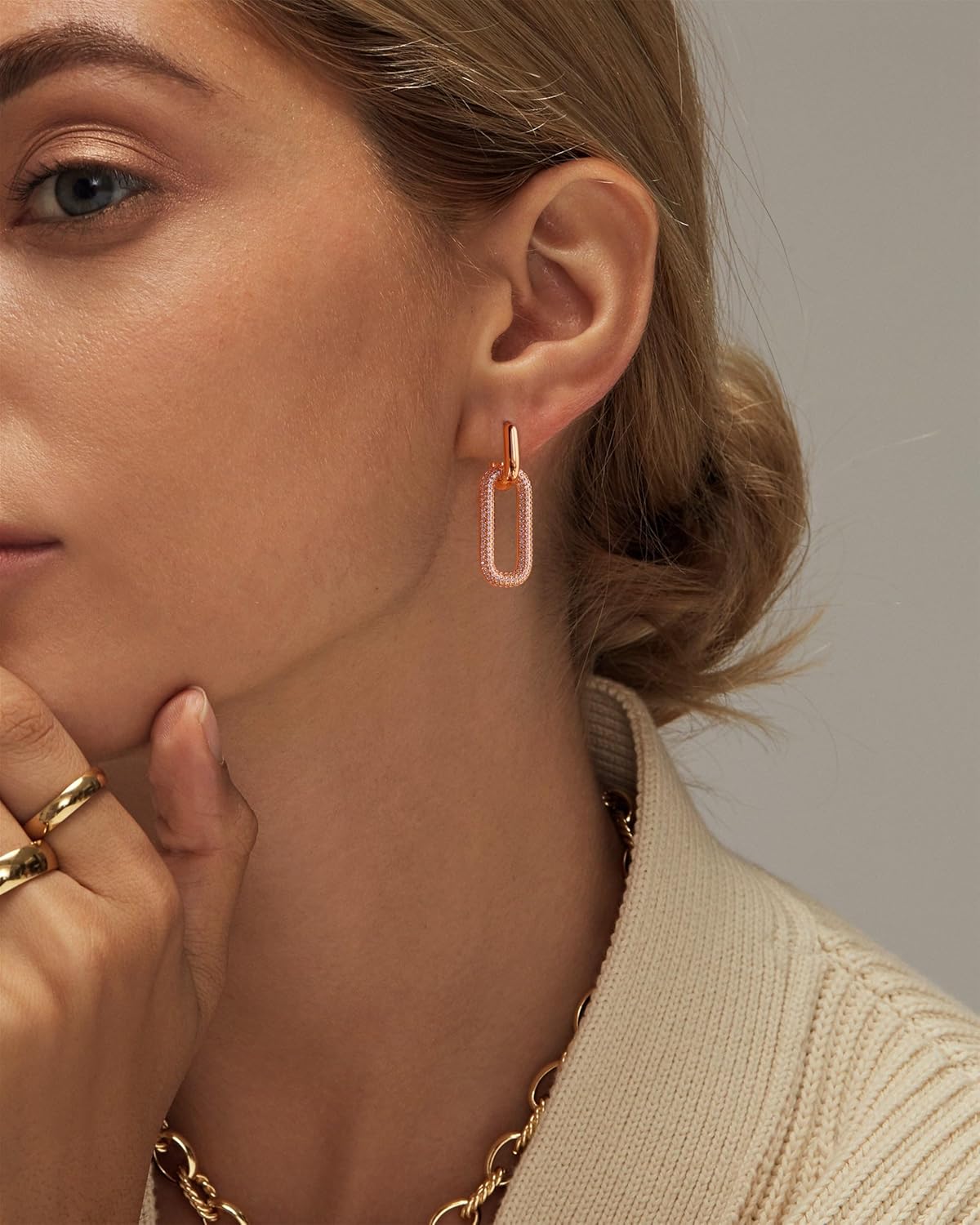 Gold Earrings for Women Trendy, Simple Dainty 14K Gold Plated Paperclip Square Chain Link Dangle Pin Stud Huggie Earrings Lightweight