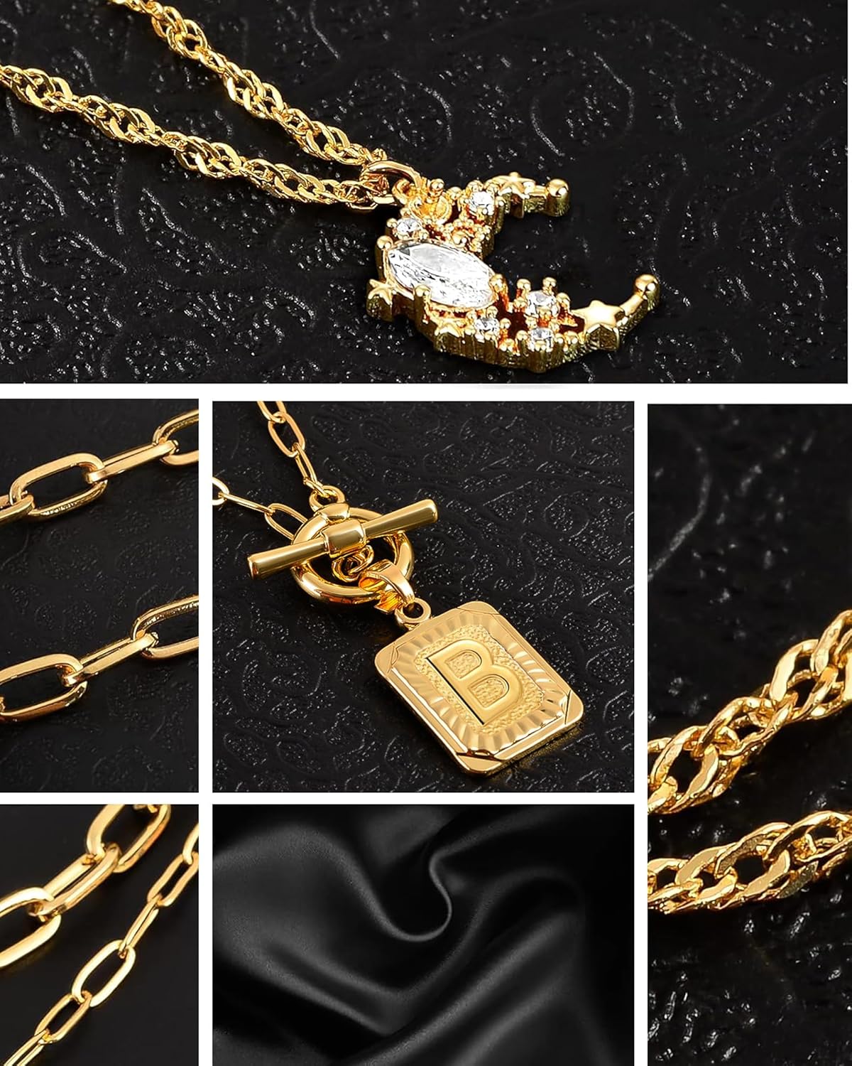 Custom Initial Moon Necklace Set - 14K Gold Plated Layered Letter Choker Gift for Her