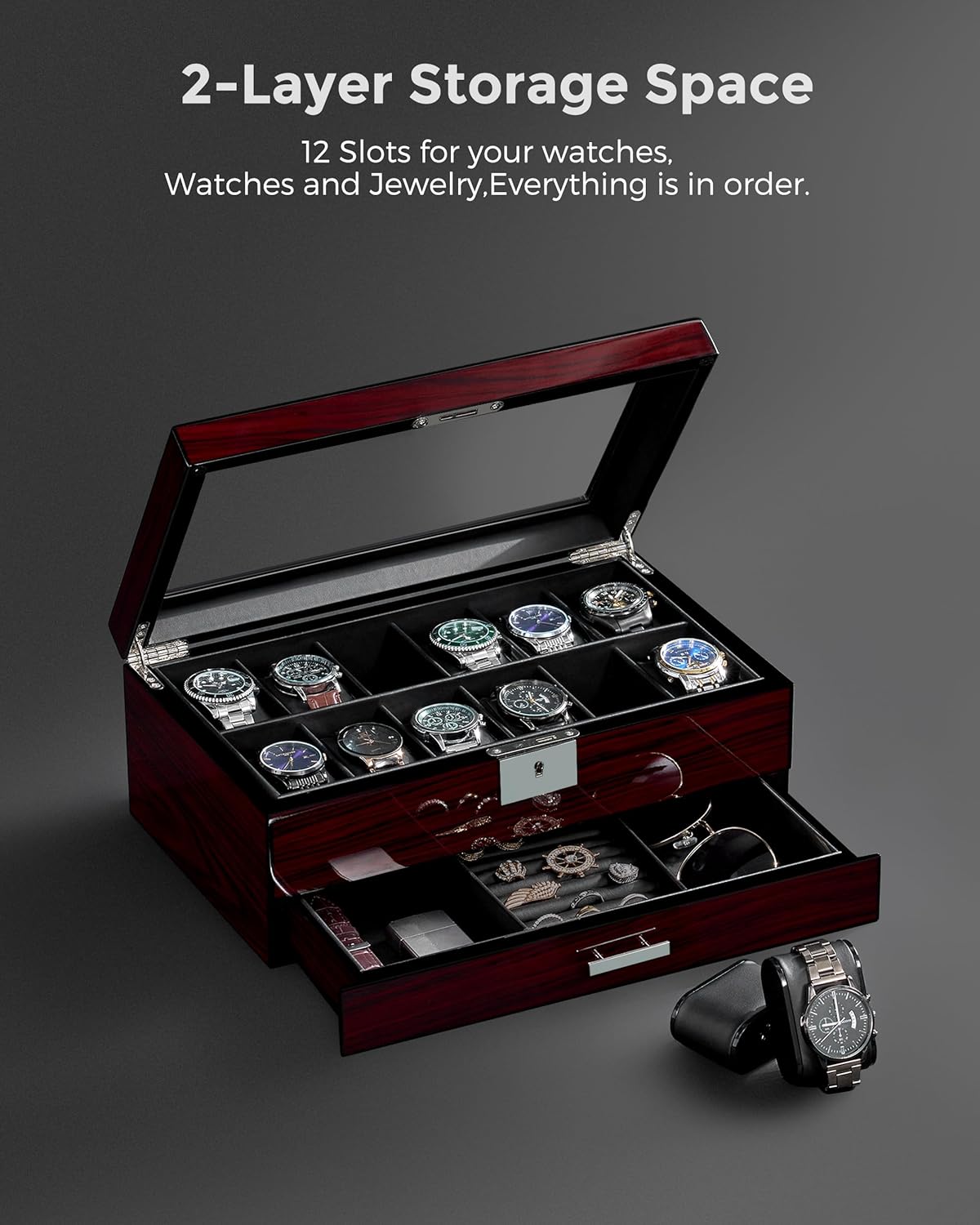 12 Slot Watch Cases for Men, Watch Box with Large Lid Jewelry Box, Watch Holder Organizer Lockable Watch