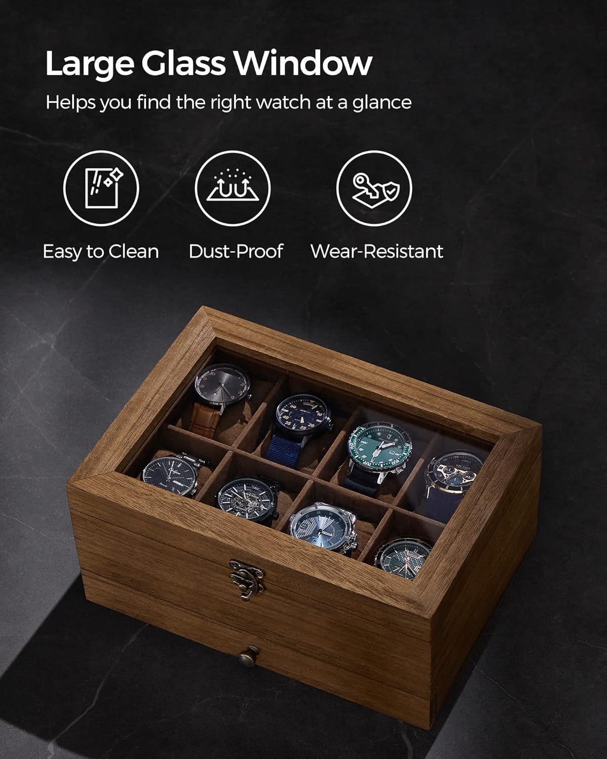 8-Slot Watch Box, 2-Tier Watch Display Case with Large Glass Lid, Removable Watch Pillows