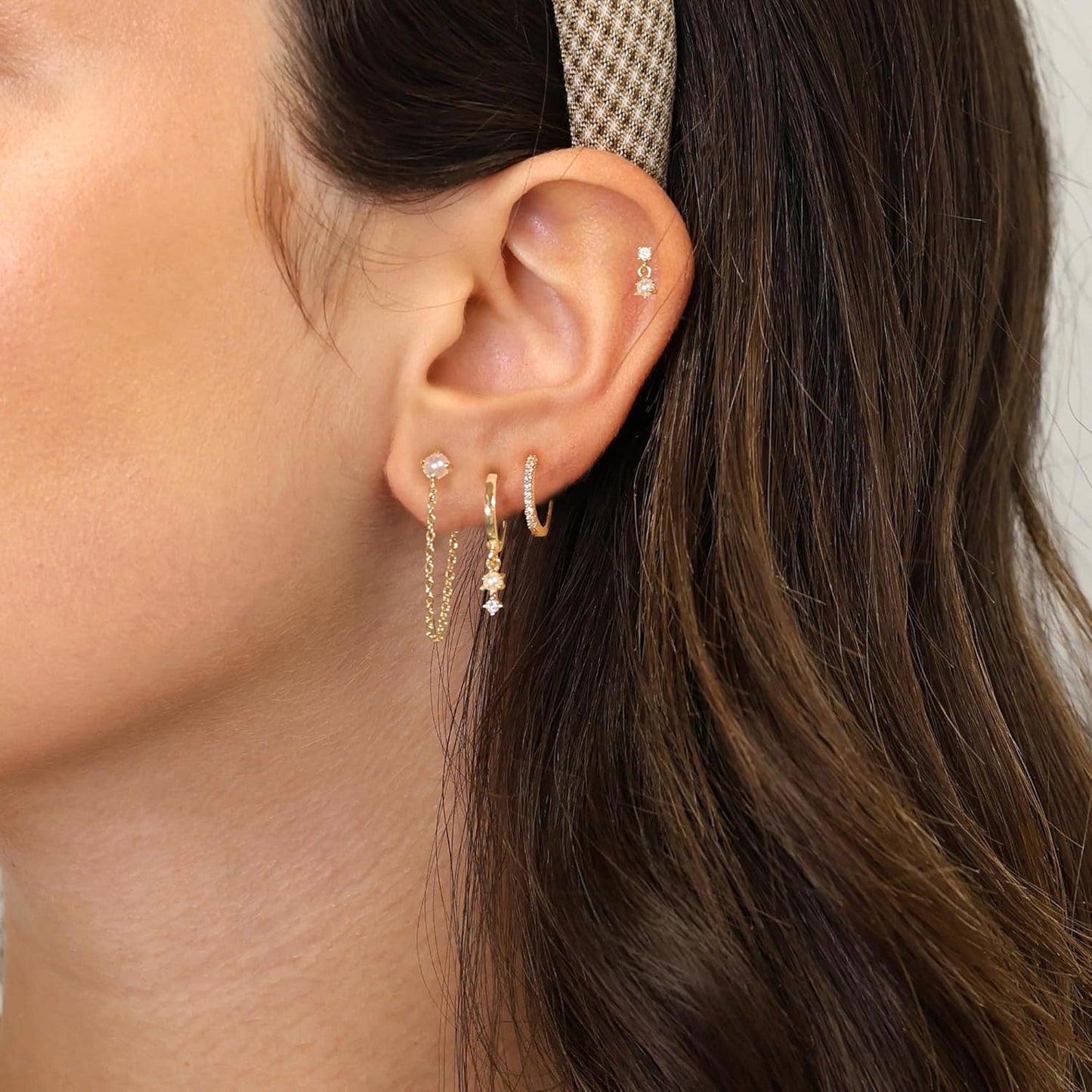 Gold Earrings for Women, 14k Gold Plated Dangle Huggie Earrings for Women Trendy Dainty Gold Hoop Earring Stacks  Pearl Chain Drop Cartilage