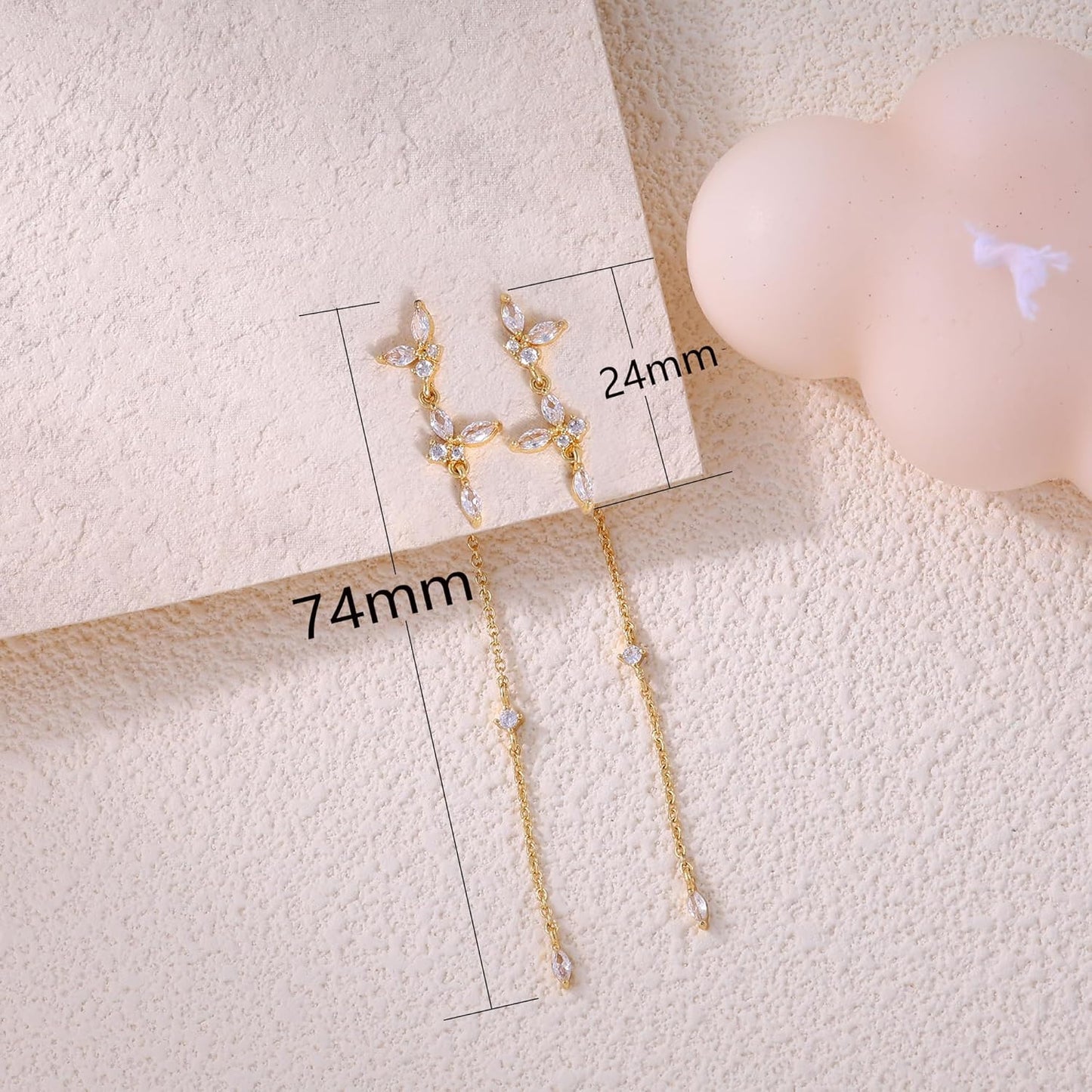 14K Gold Plated Butterfly Dangle Earrings for Women - Dainty, Trendy, CZ Drop Earrings - Simple Long Dangling Jewelry