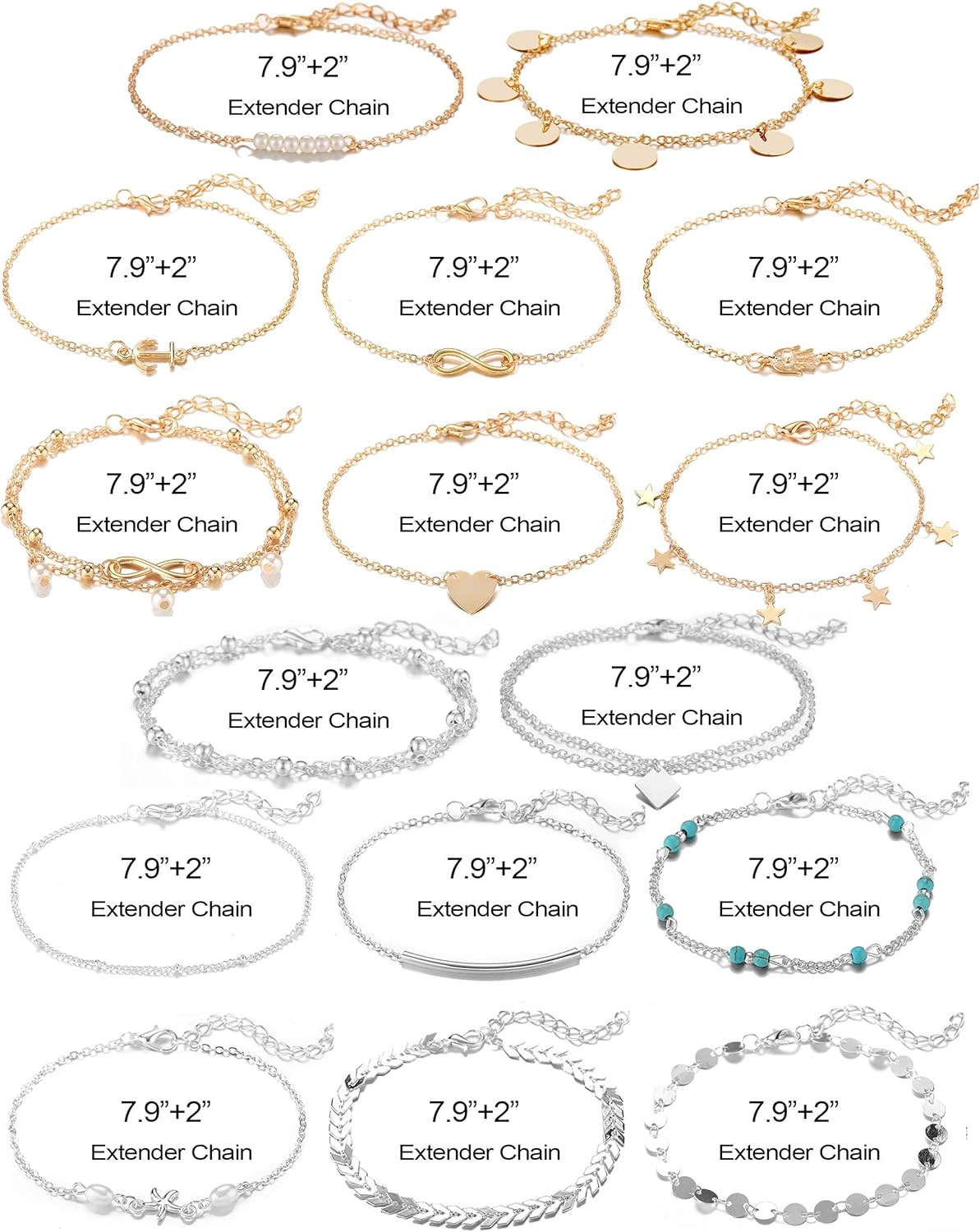 16 count Gold Silver Two Style Chain Beach Anklet Bracelet  Anklet Set,Adjustable Size