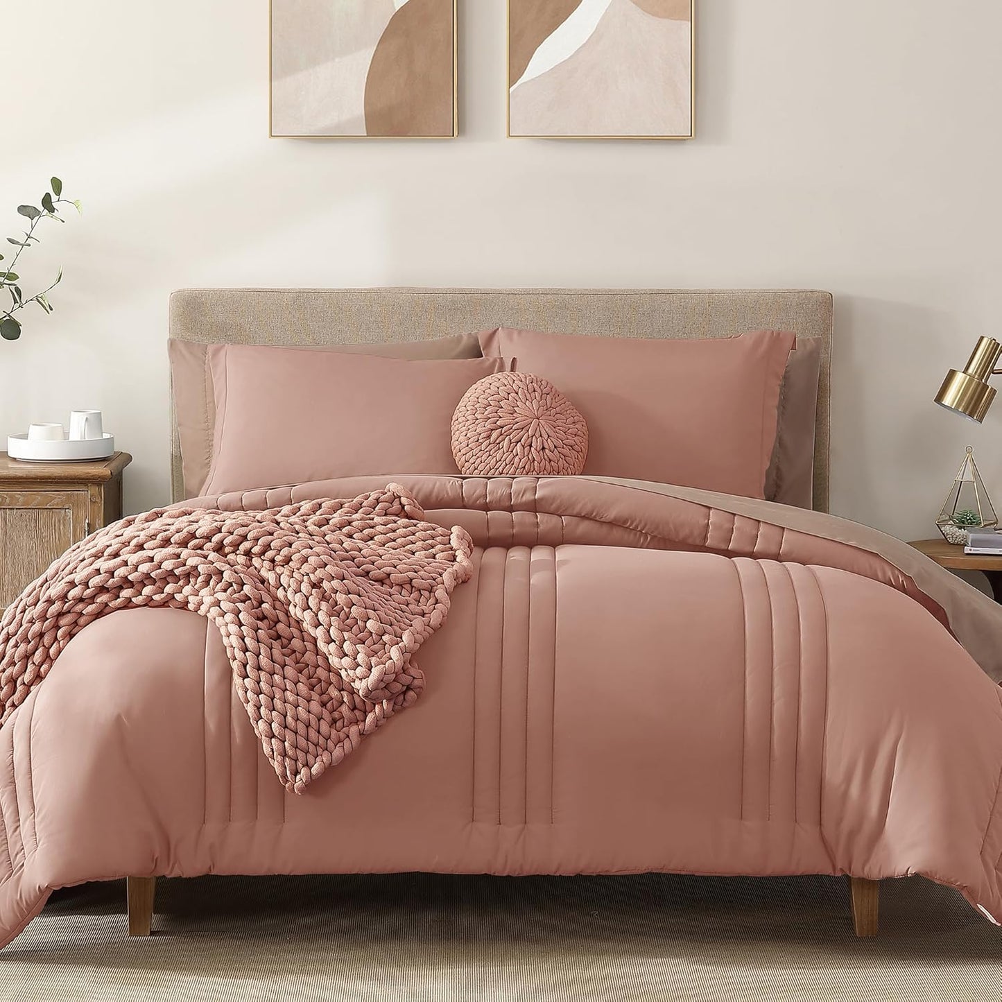 Queen Comforter Set - 7 count Beige Bed in a Bag Queen Bedding Sets , All Seasons