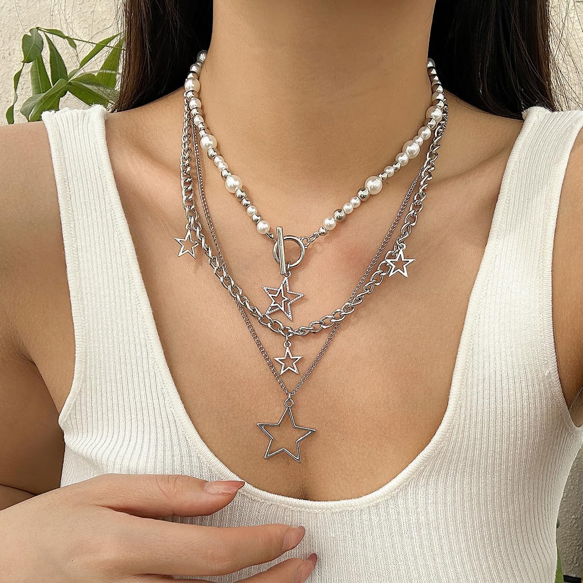 Y2K Star Pendant Necklace - Silver Layering Toggle Chain for Women