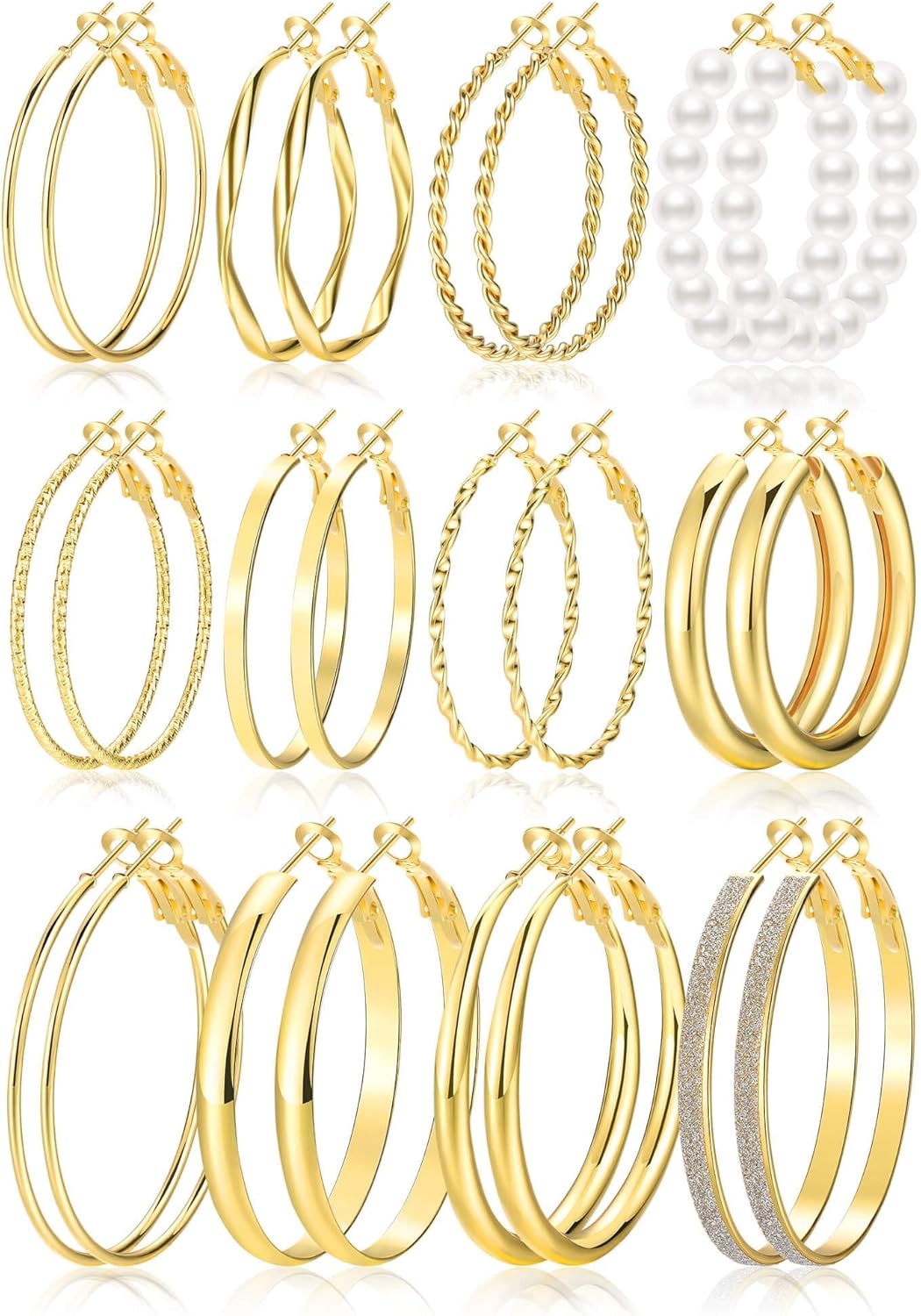 Gold Hoop Earrings Set for Women, 12 Pairs Large/Big Thin Thick Gold Hoops Earrings Loop Pack for Jewelry Gift 40mm/50mm