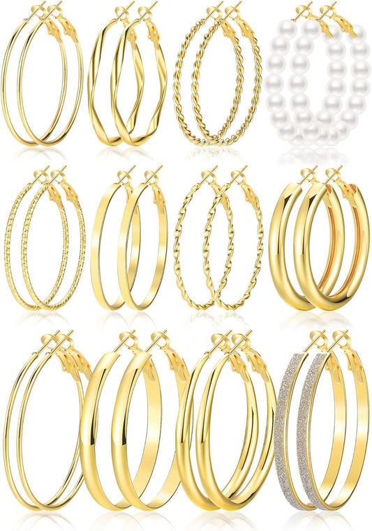 Gold Hoop Earrings Set for Women, 12 Pairs Large/Big Thin Thick Gold Hoops Earrings Loop Pack for Jewelry Gift 40mm/50mm