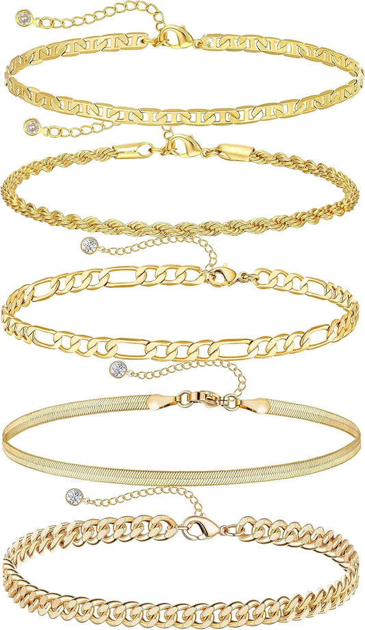 Gold Bracelets - Real 14K Women's Cute Tennis Cubic Beaded Link Paperclip Dainty Bracelet Pack