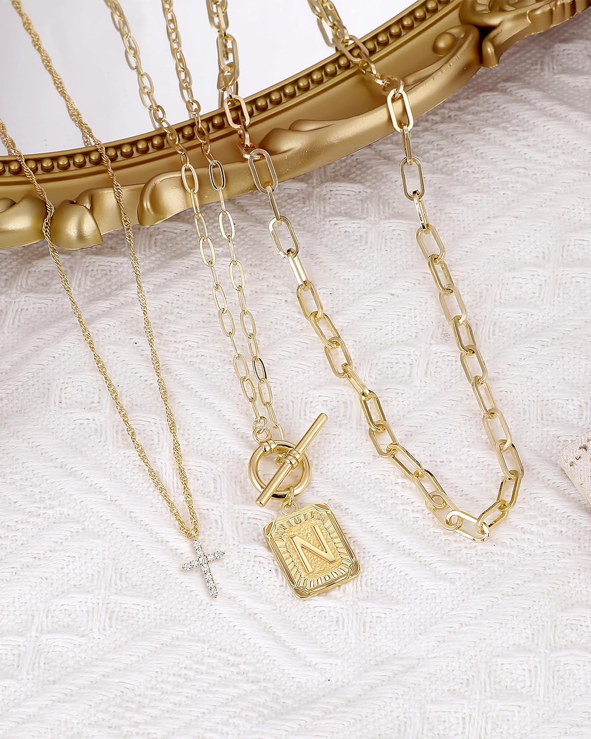 Layered Initial Necklace for Women, 14K Gold Plated Letter Pendant with Cross Charm, Paperclip Chain Choker Jewelry