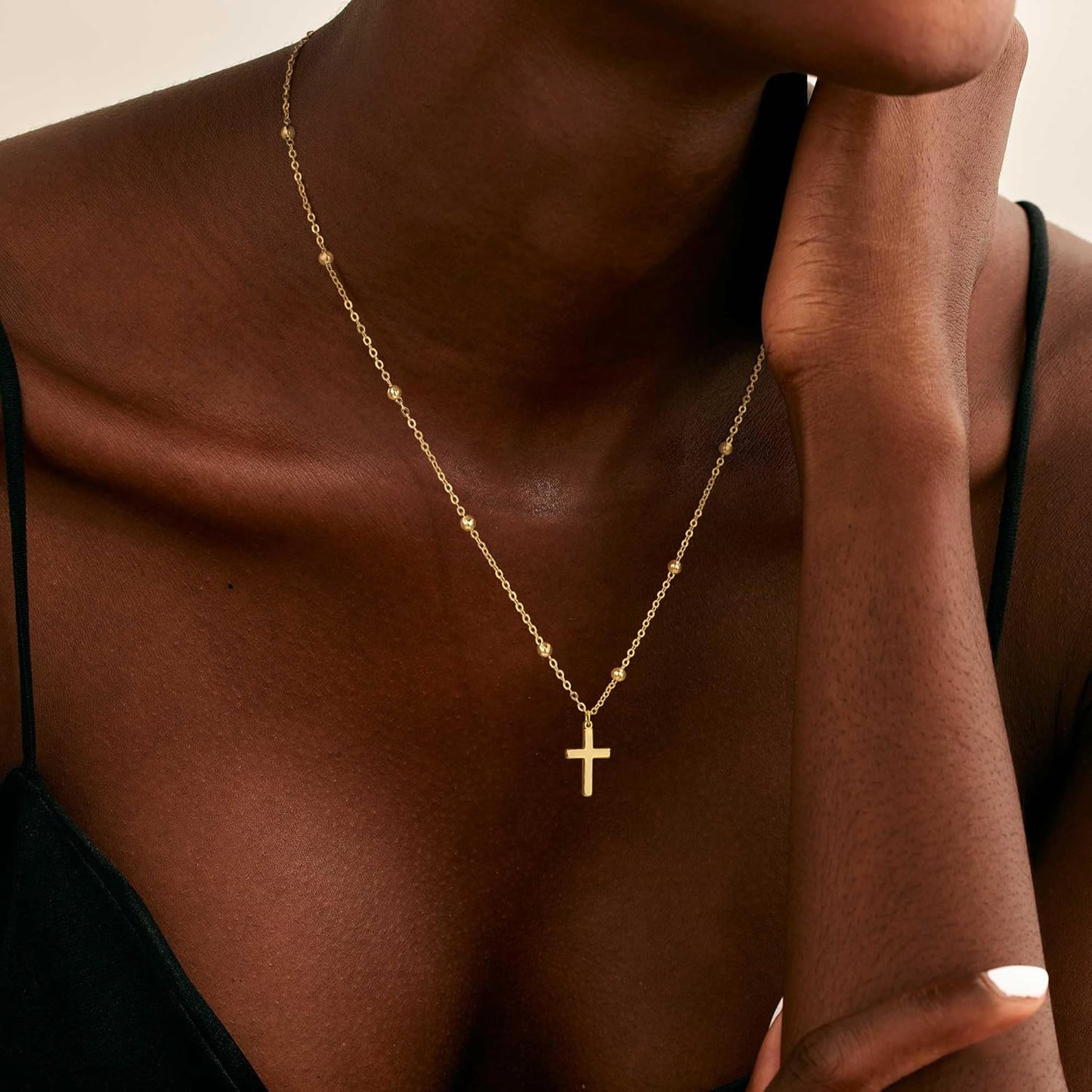Stackable Cross Pendant Necklace: 14K Gold Plated Simple Silver Charm Choker for Her, Women and Teens