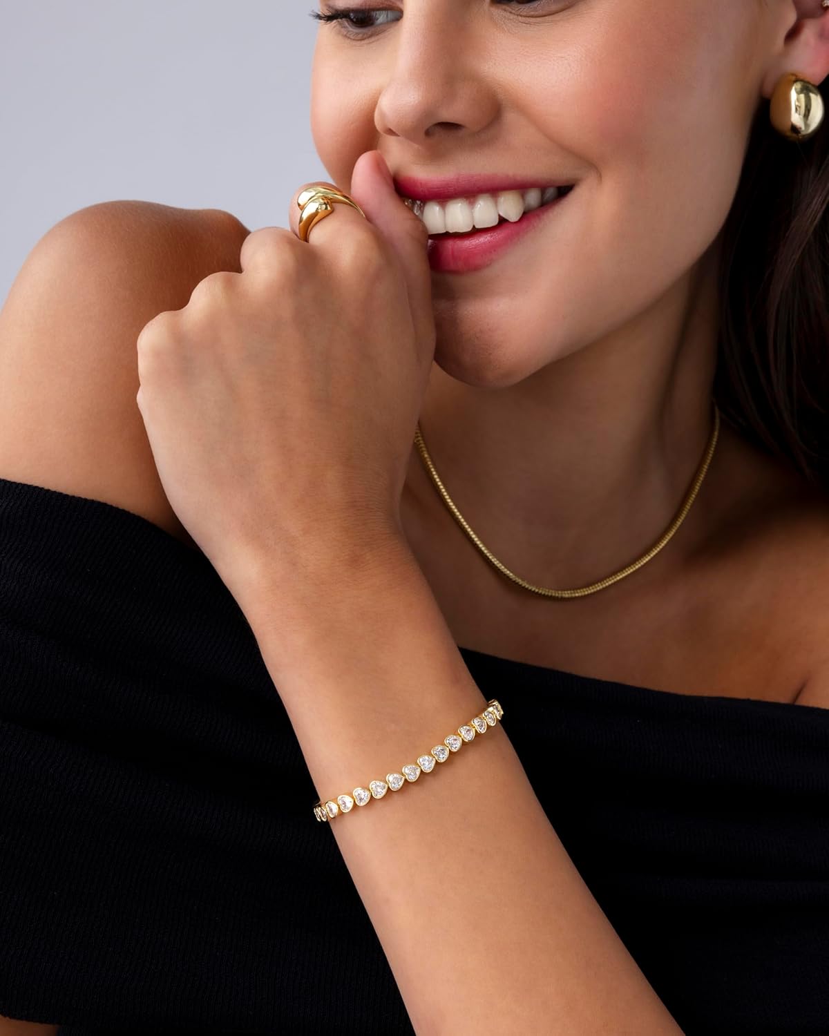 14K-18K Gold Plated Simulated Diamonds Bezel Set Tennis  -  Round Pear Heart Statement Bride Gold Bracelet Stack - Sizes 6.5-7.5 Inch