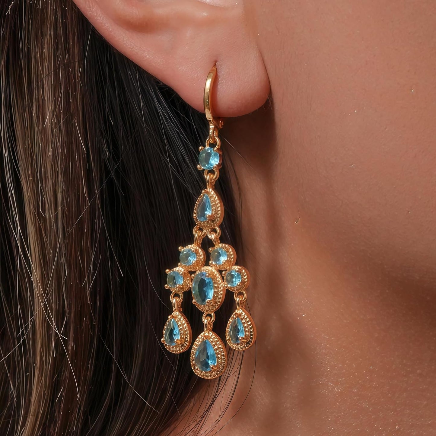 Vuskdtei18K Gold Plated Flower Dangle Earrings for Women, Hypoallergenic Cubic Zirconia Earrings, Elegant Chandelier Drop Earrings