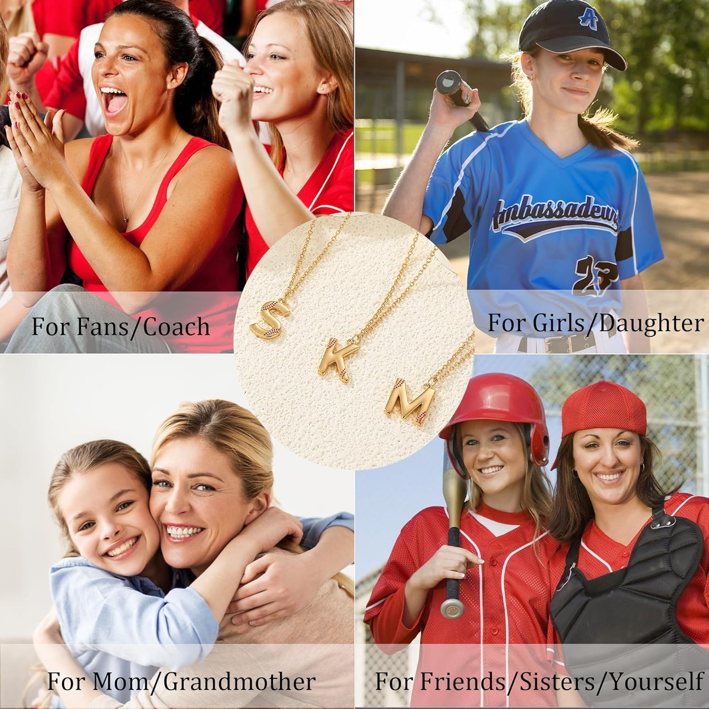 Softball Initial Necklace for Women Girls, Gold A-Z Letter Pendant Necklace Softball Baseball Mom Themed Jewelry Gifts