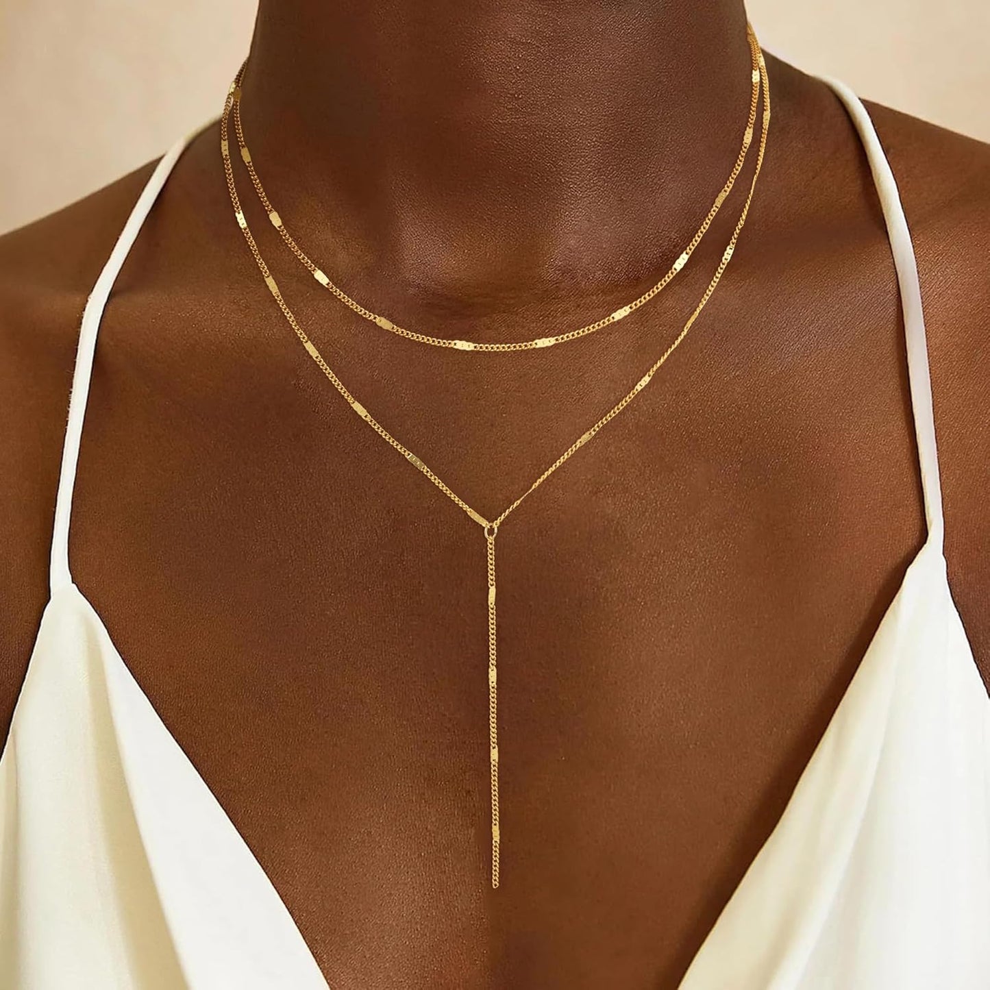 14K Gold Plated Lariat Necklace for Women - Y-Shaped Layered Bar & Beaded Chain