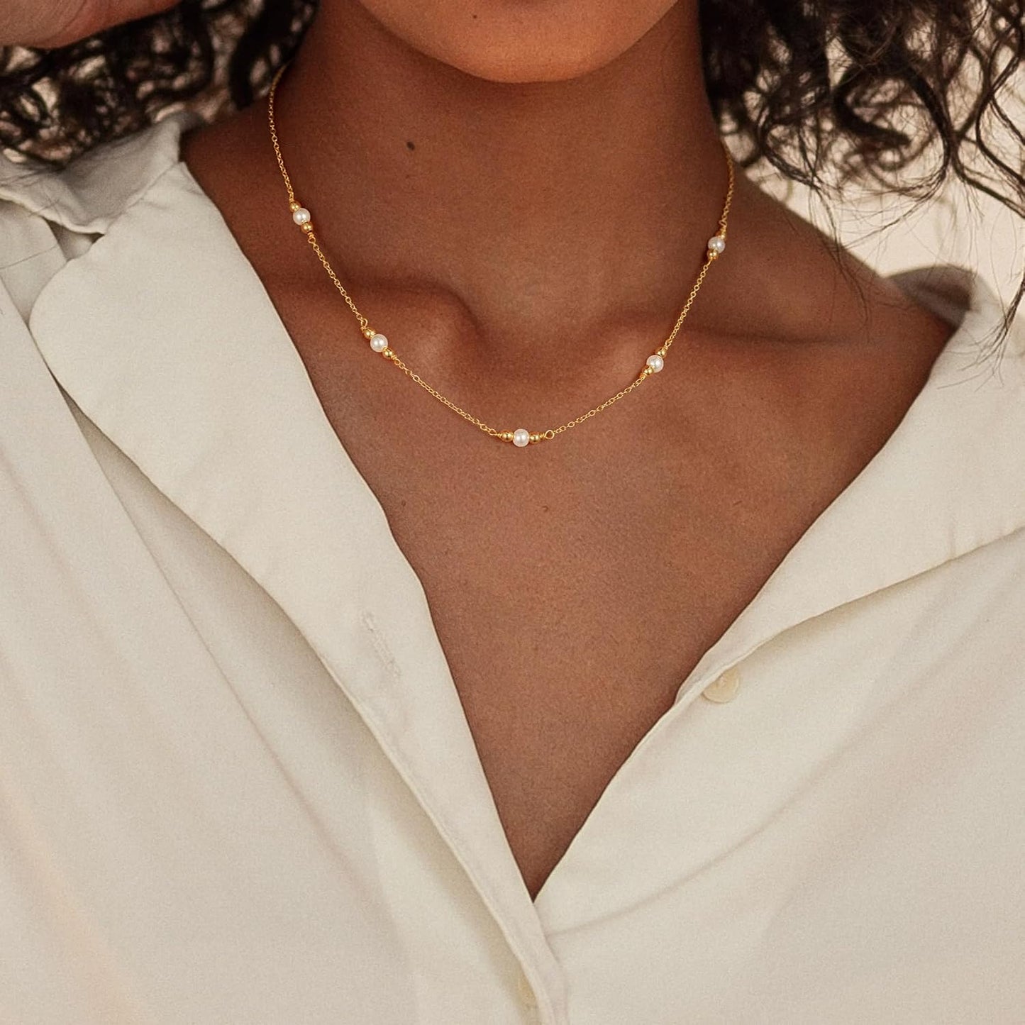 14K Gold Plated Charm Choker Necklace with Pearl & Clover, Cubic Zirconia Dainty Trendy Jewelry Gift for Women