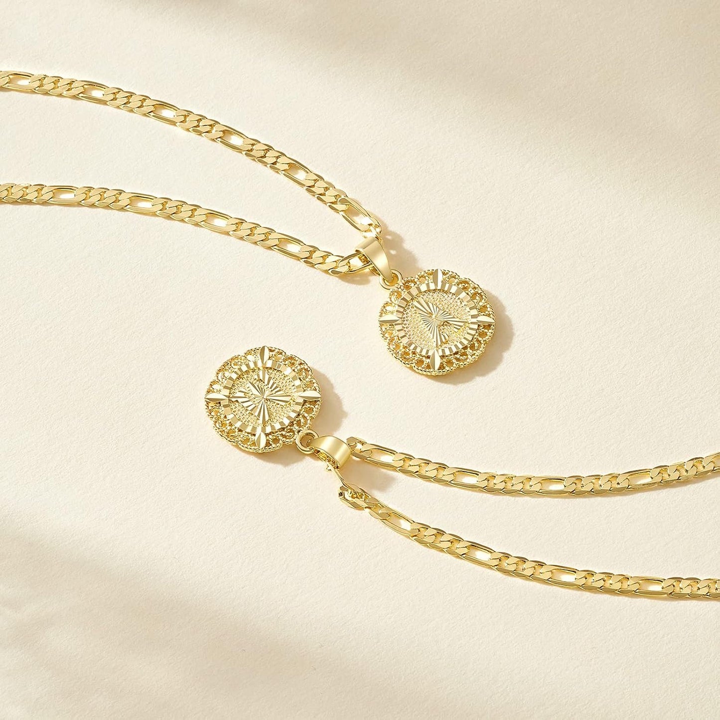 "14K Gold Plated Initial Necklace for Women, Round Letter Pendant A-Z Monogram with Figaro Chain, Alphabet Jewelry"