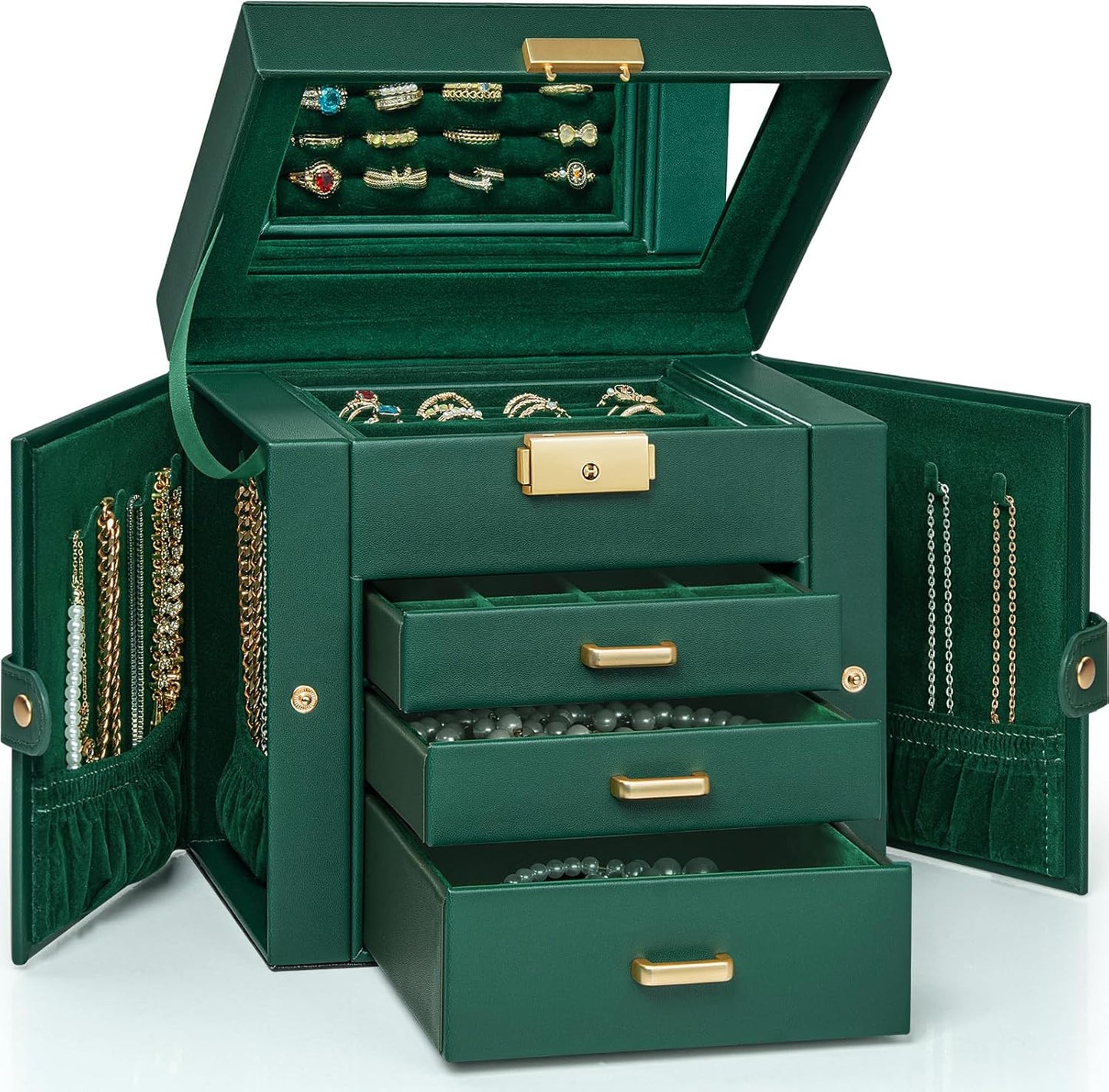 4-Tier Jewelry Box Leather Jewelry Storage Organizer with 3 Drawers Lockable
